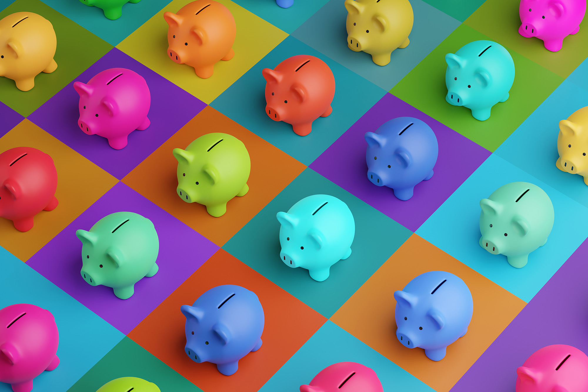 Array of piggy banks in saturated colors on high color contrast background.