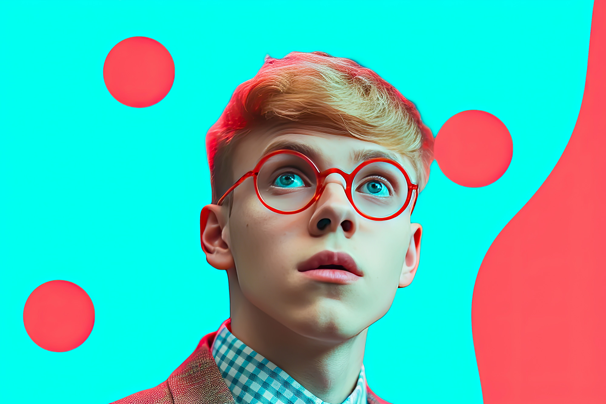 Portrait of a Caucasian boy with red glasses on a pastel background of the 90s blue and red, Generative AI