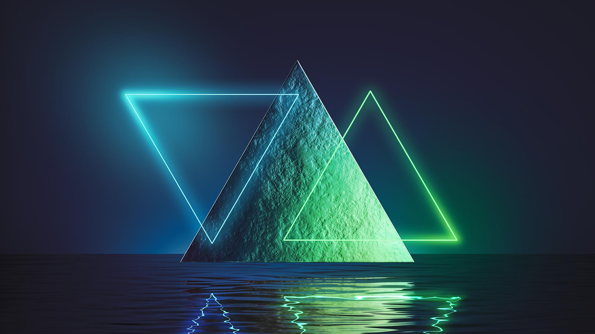 3d render, abstract minimal blue green background with neon triangular geometric shapes. Triangle levitates above the water with ripples