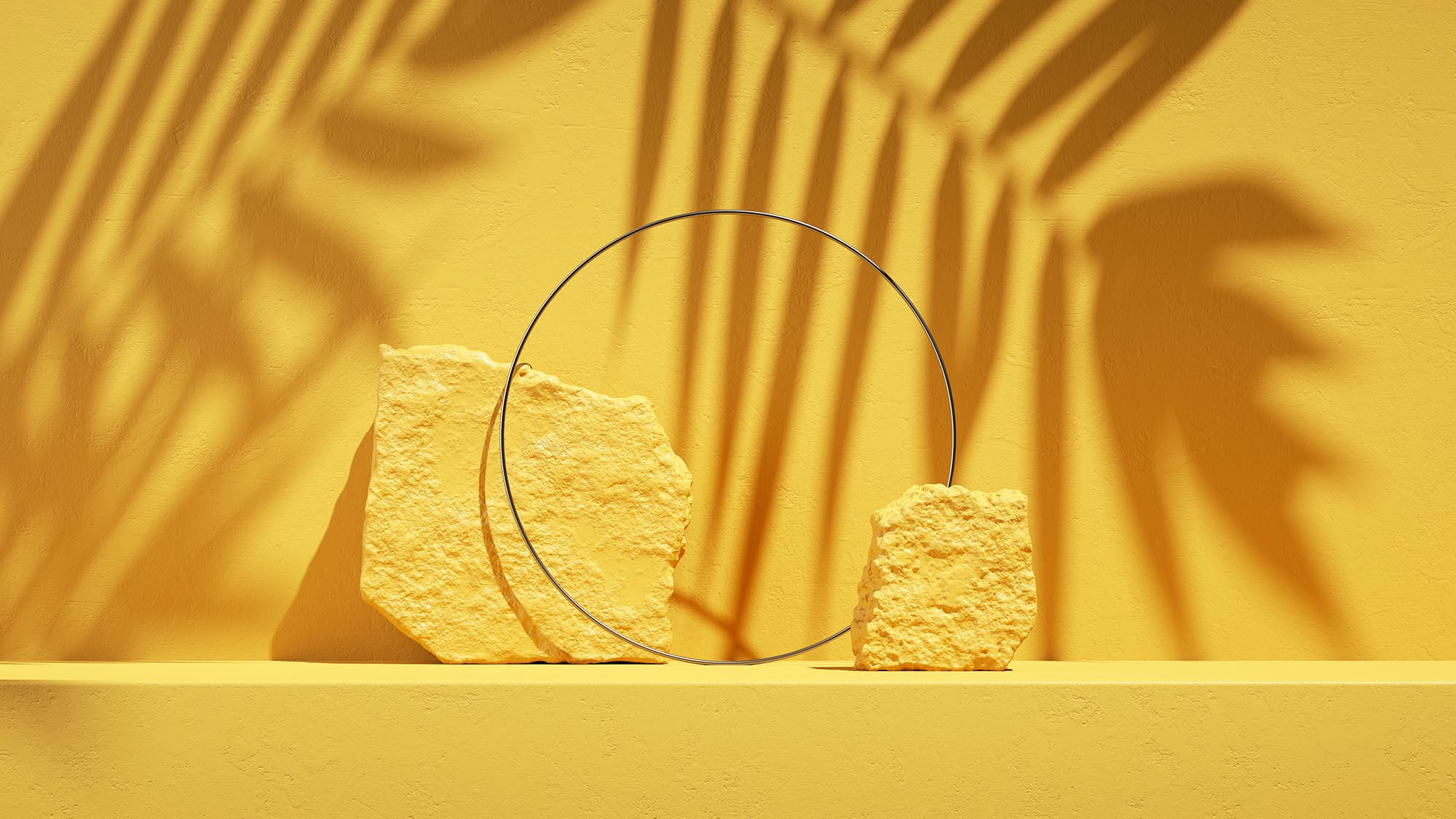 3d render, abstract summer yellow background with tropical leaf shadow and bright sunlight.