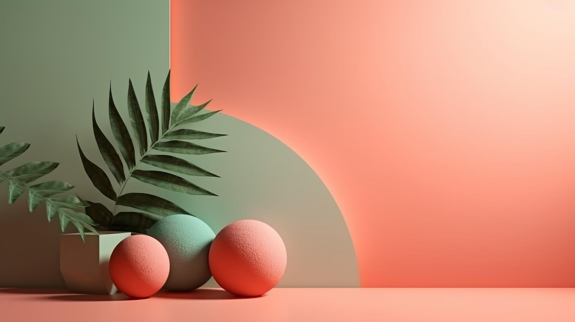 Minimalist summer background in green melon and peach pink with spheres 3D. Image Generative AI.