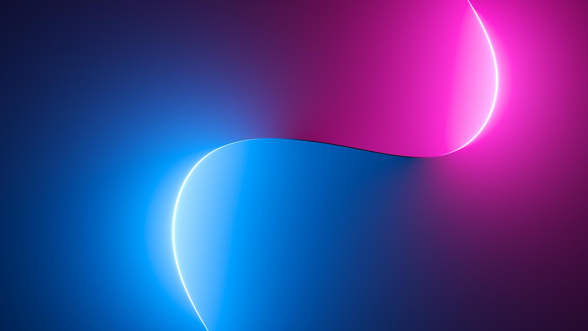 abstract pink blue neon background with glowing curvy line. Dark wall illuminated with led lamps. Minimal wallpaper