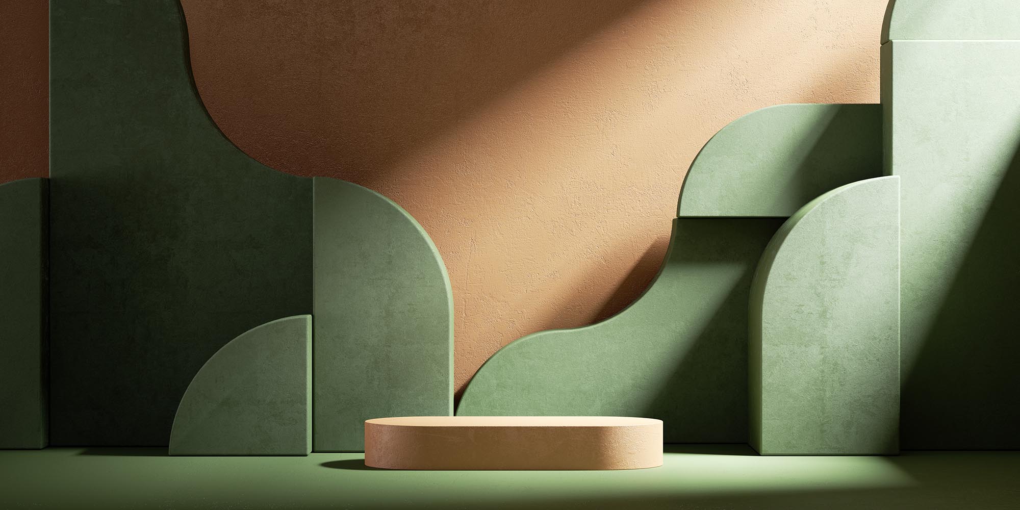 3d render, modern minimal showcase with empty podium and abstract green geometric shapes isolated on terracotta background