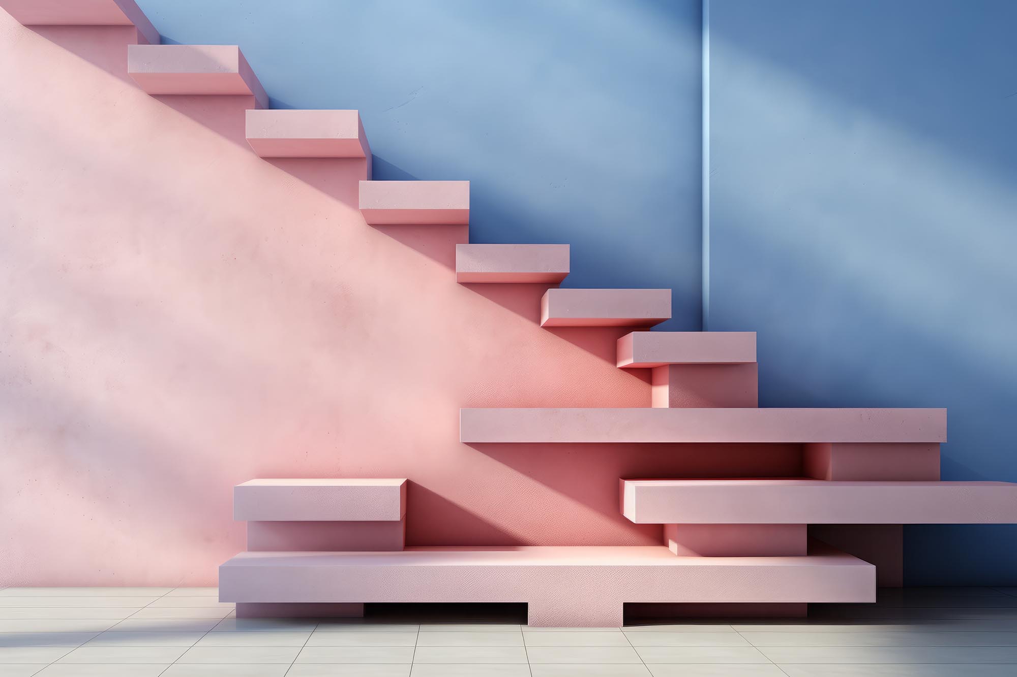 minimalist scene showcases pastel blue and pink stairs