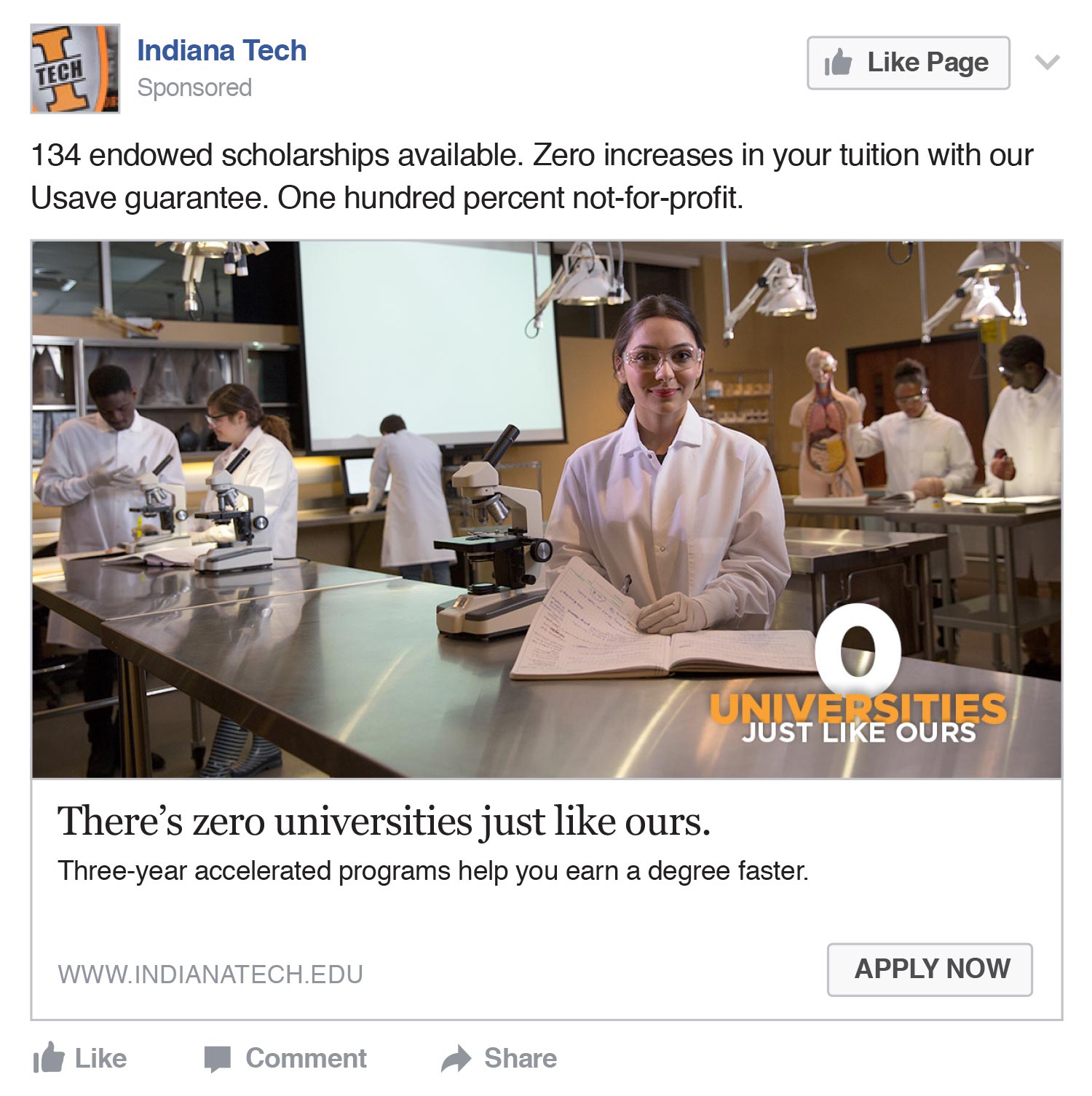 Indiana Tech: Zero Universities Like Ours Facebook ad