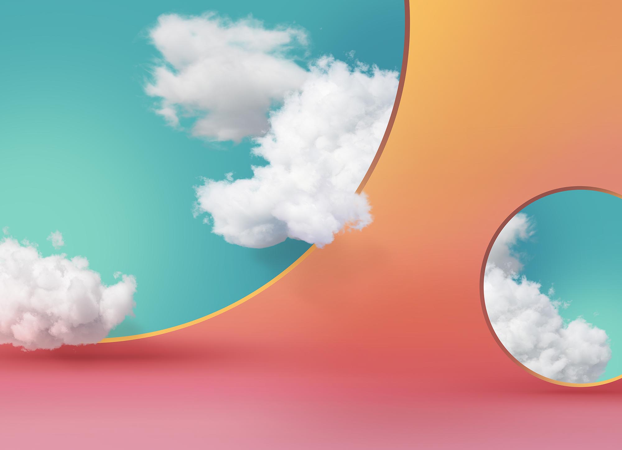 abstract peachy background with white clouds on the blue sky inside the two round holes, optical illusion