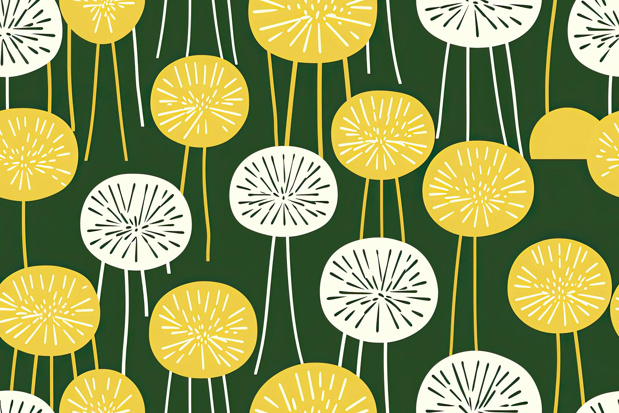 Dandelions in green yellow and white seamless repeating pattern