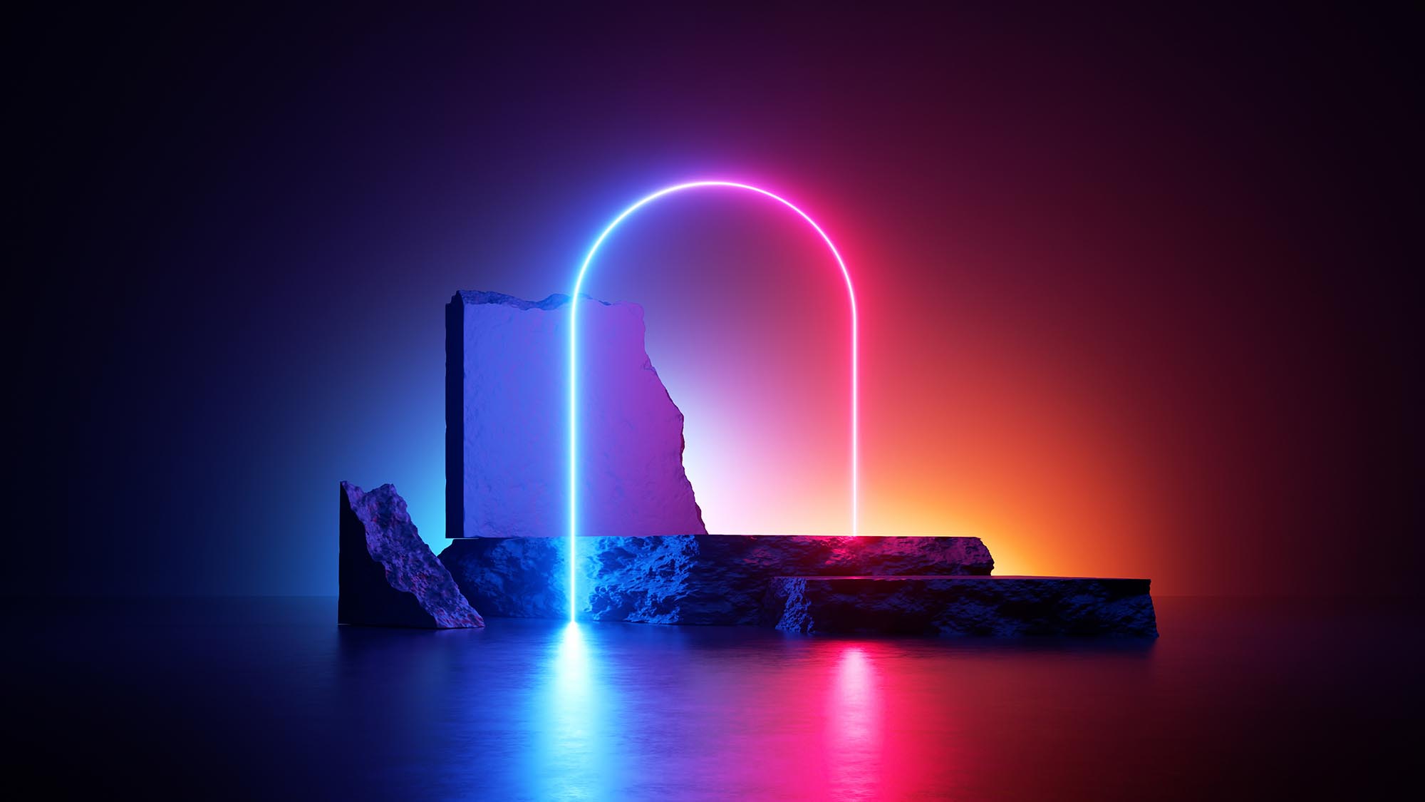 abstract neon background with glowing arch and stone ruins, showcase for product presentation