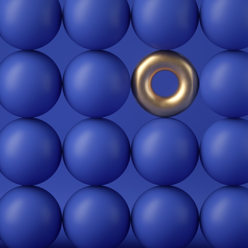 abstract geometric structure: golden torus amongst the blue donuts isolated on blue background