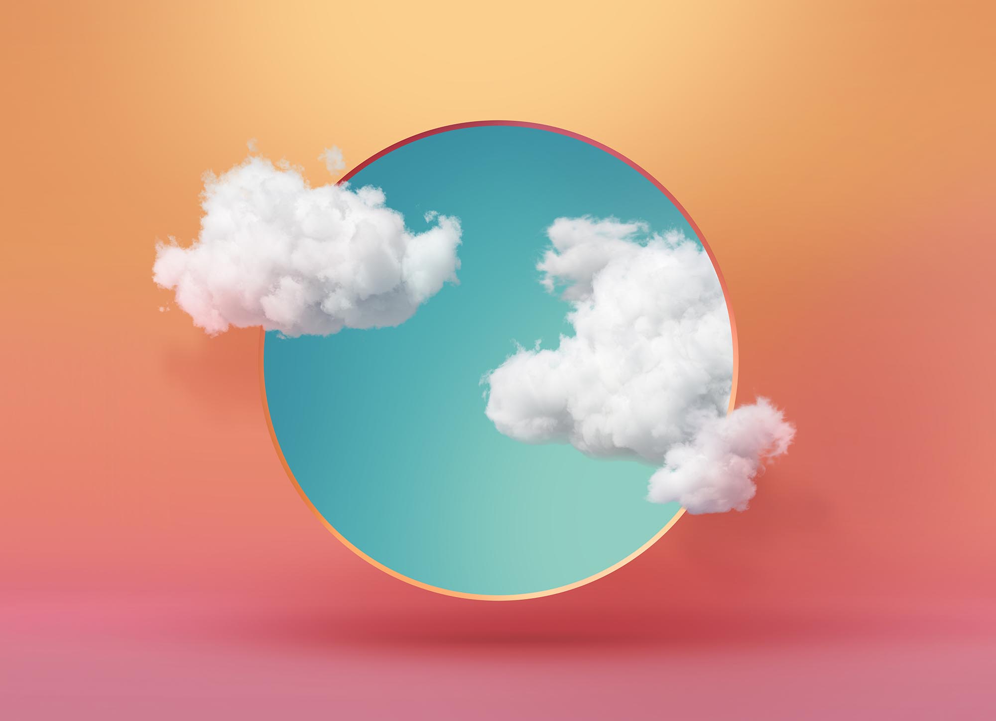 abstract wallpaper, blue sky with white clouds fly out the round hole, peachy background. Weather concept, optical illusion