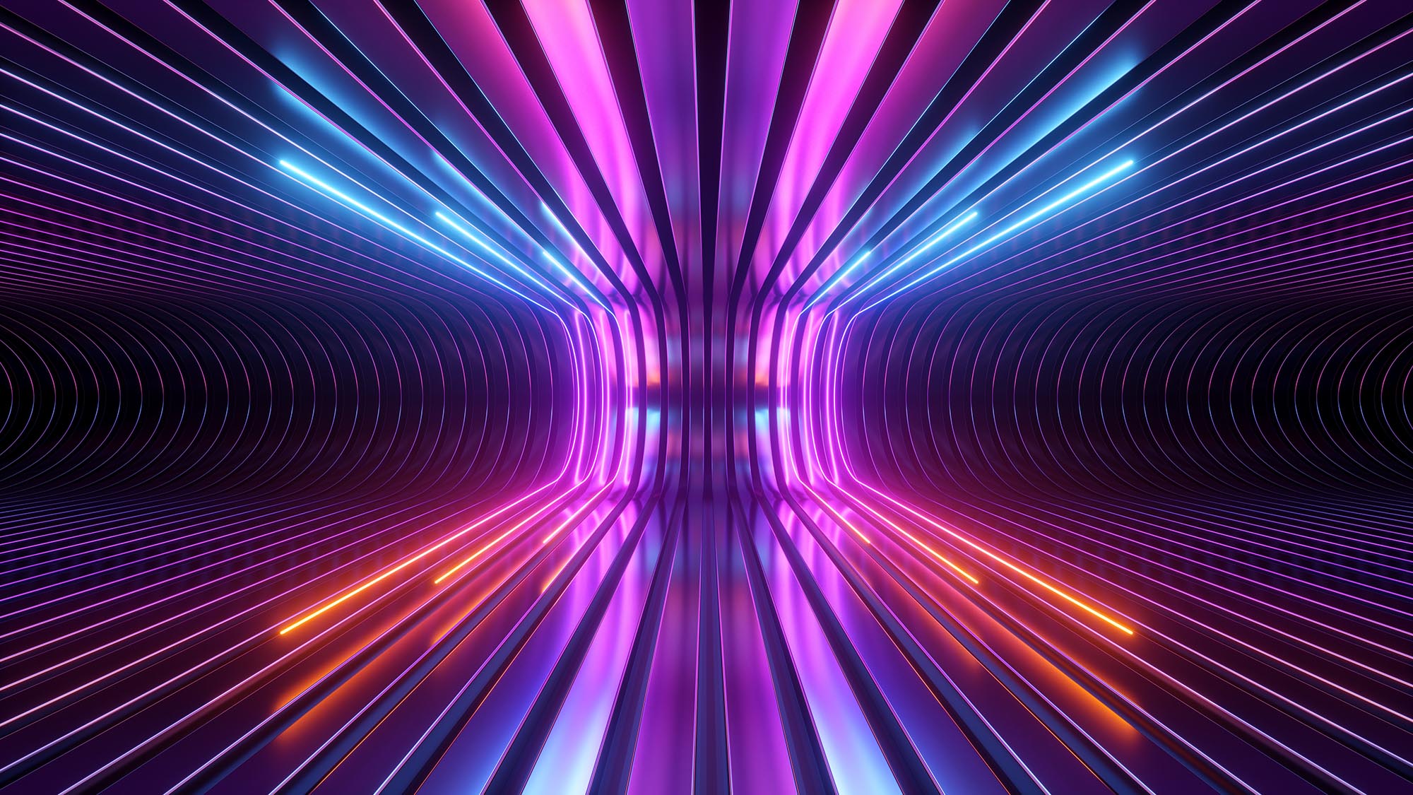Abstract futuristic neon background. Rounded red blue lines, glowing in the dark. Ultraviolet spectrum. Cyber space