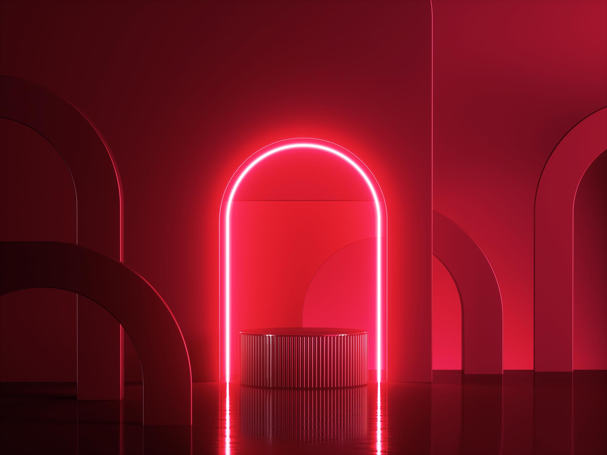 abstract modern red neon background. Shiny frame with copy space. Glowing round arch over cylinder podium