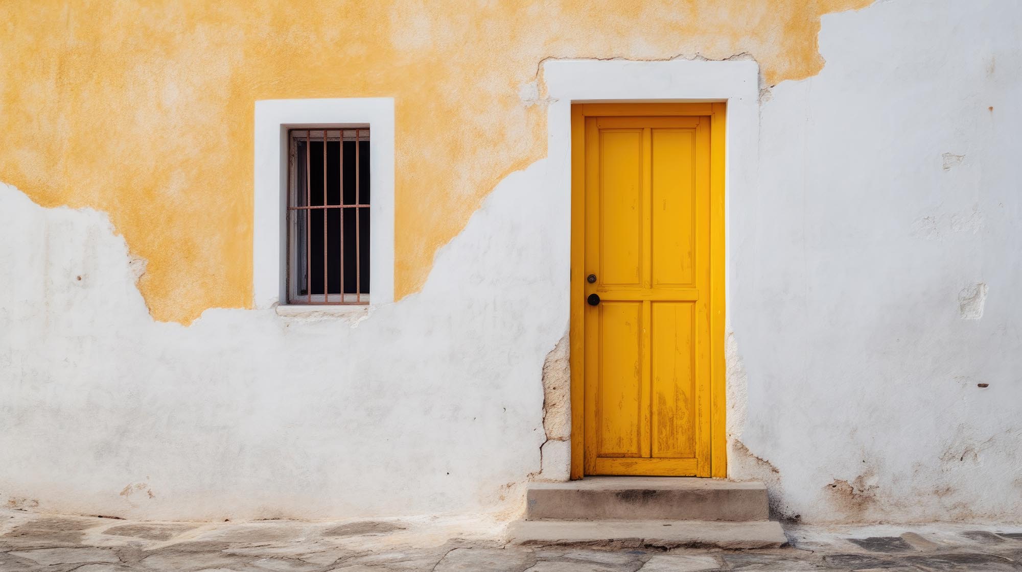 A white wall with a yellow door and window.