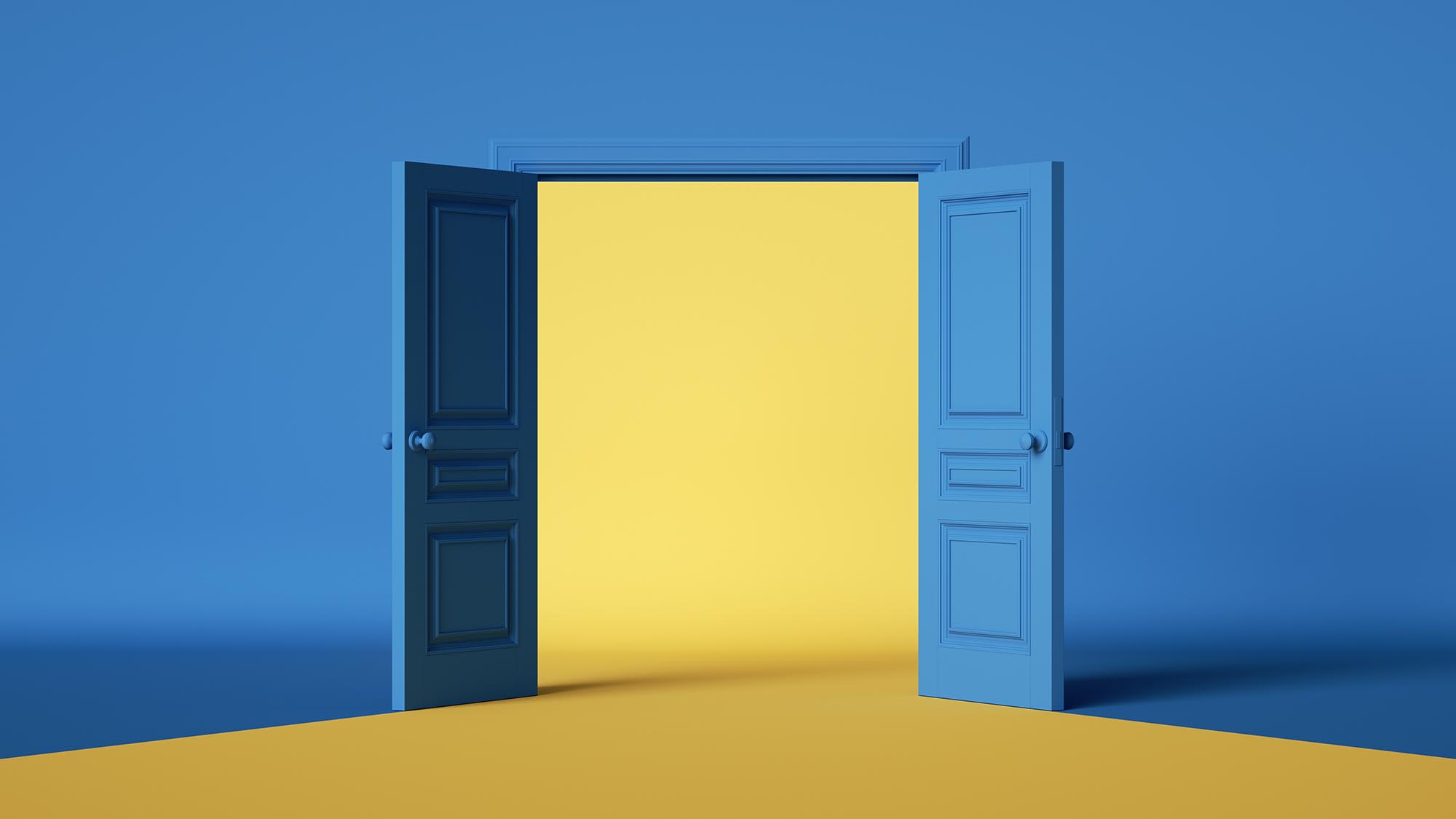 blue yellow background with double doors opening. Architectural design element. Modern minimal concept.