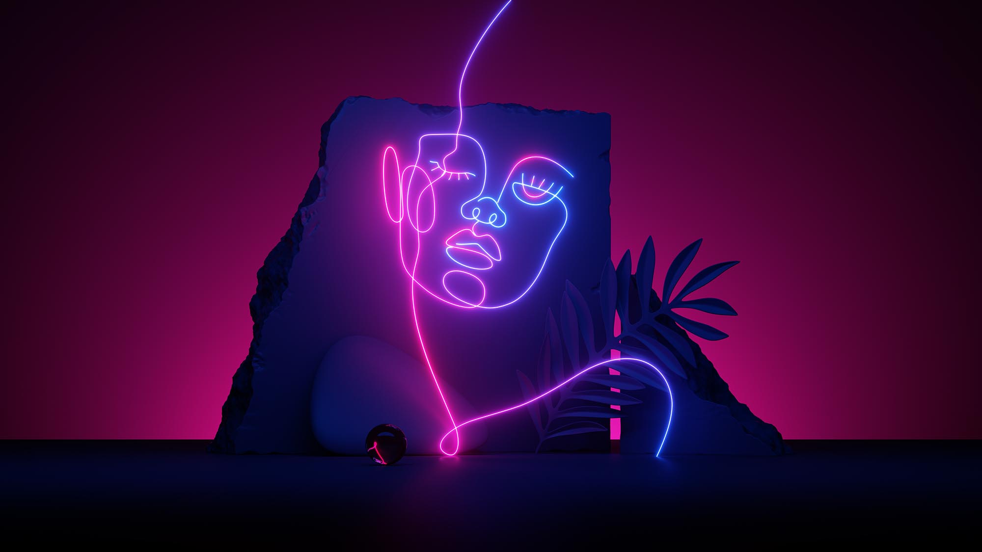 Abstract woman portrait glowing with pink blue neon light. Linear art with broken cobble stones, concrete blocks, rocks and tropical leaves.
