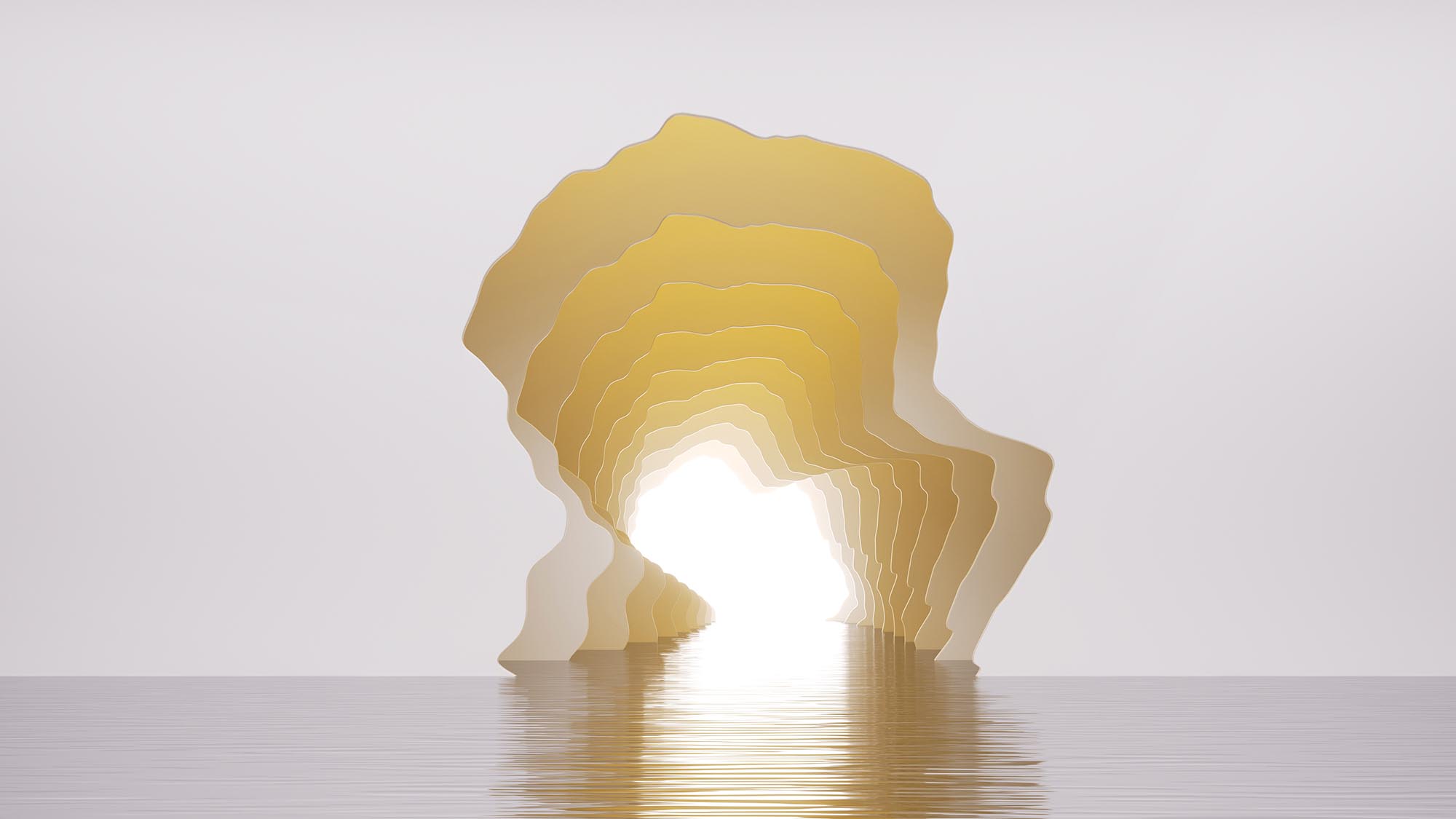 abstract yellow shape inside the white wall, calm water and bright light. Modern minimalist background