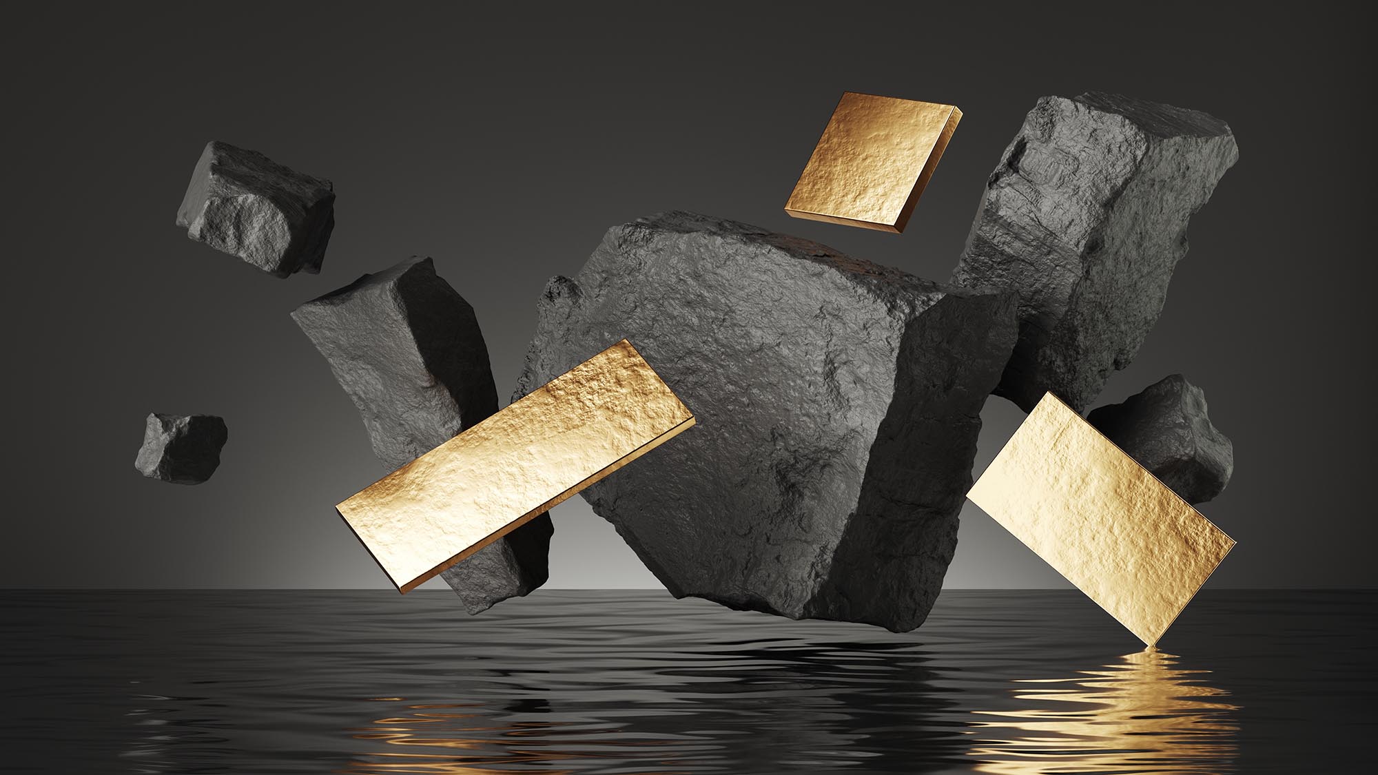 Gold geometric panels and black rocks levitate above the water with reflection