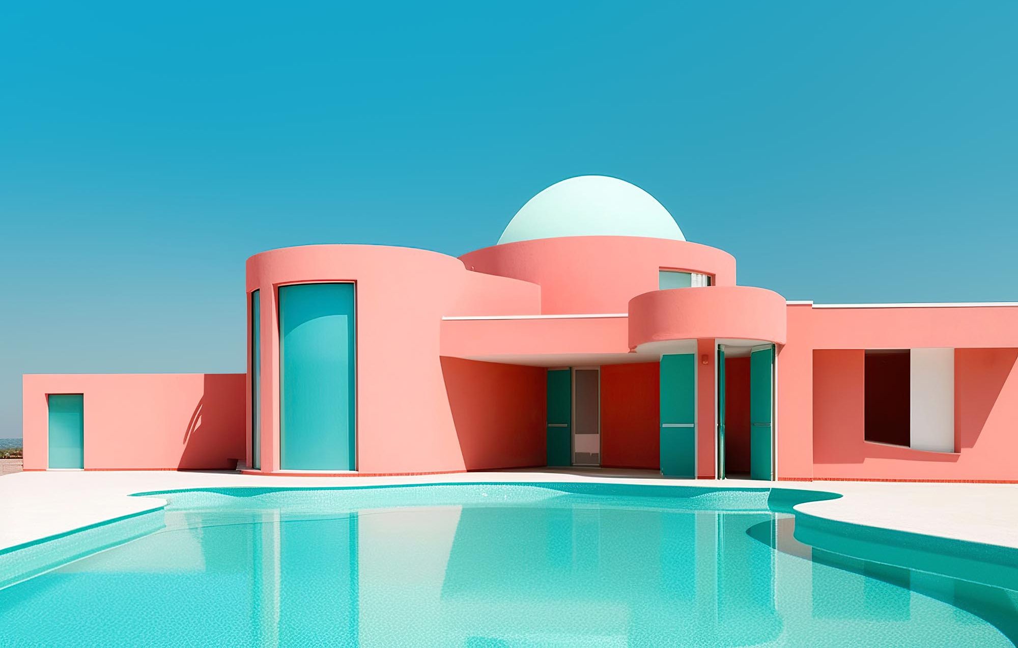 Swimming pool on sunny day. Summer minimalist architecture background.