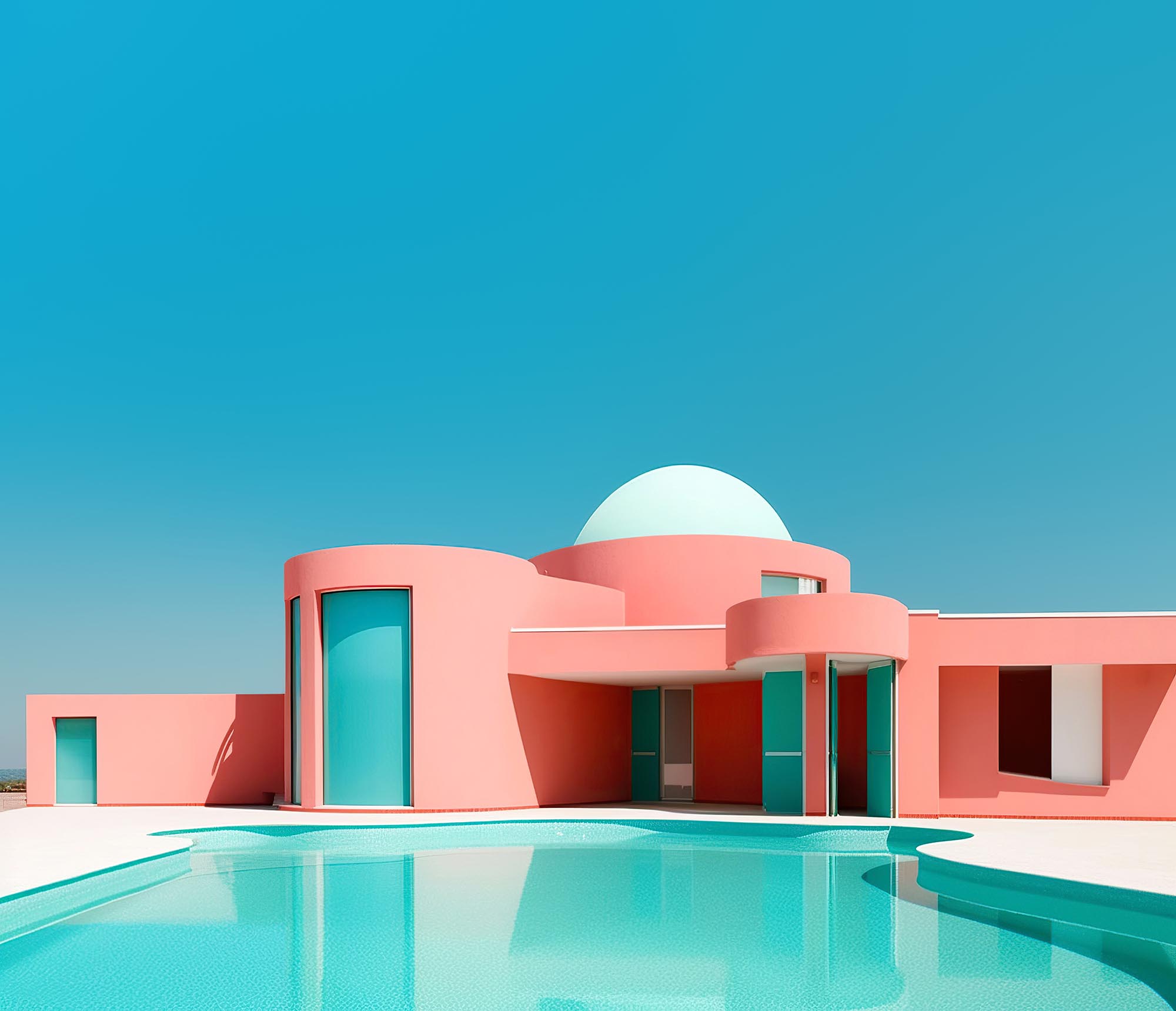 Swimming pool on sunny day. Summer minimalist architecture background.