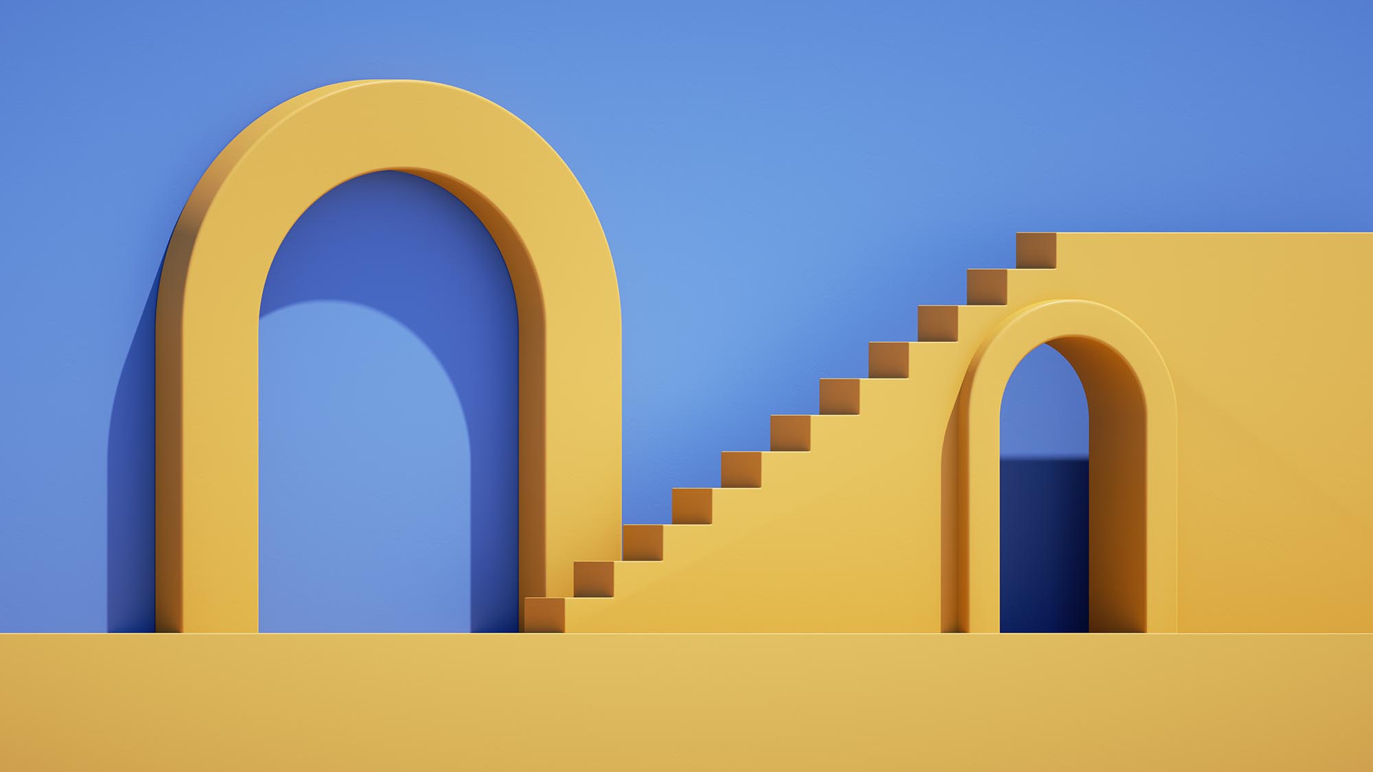 simple blue yellow background with geometric architectural elements. Minimal showcase scene with stairs and round arch