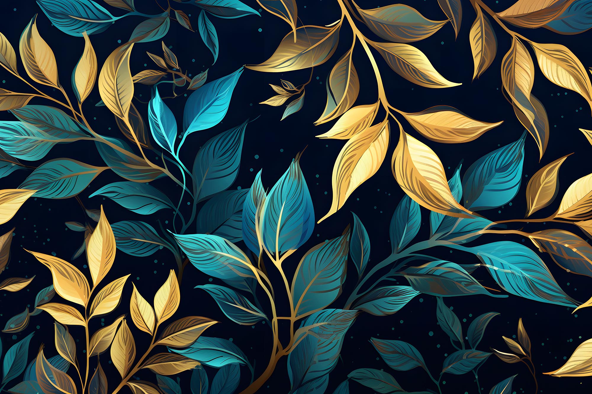 golden leaves on dark blue background. autumn leaves pattern. seamless pattern with leaves