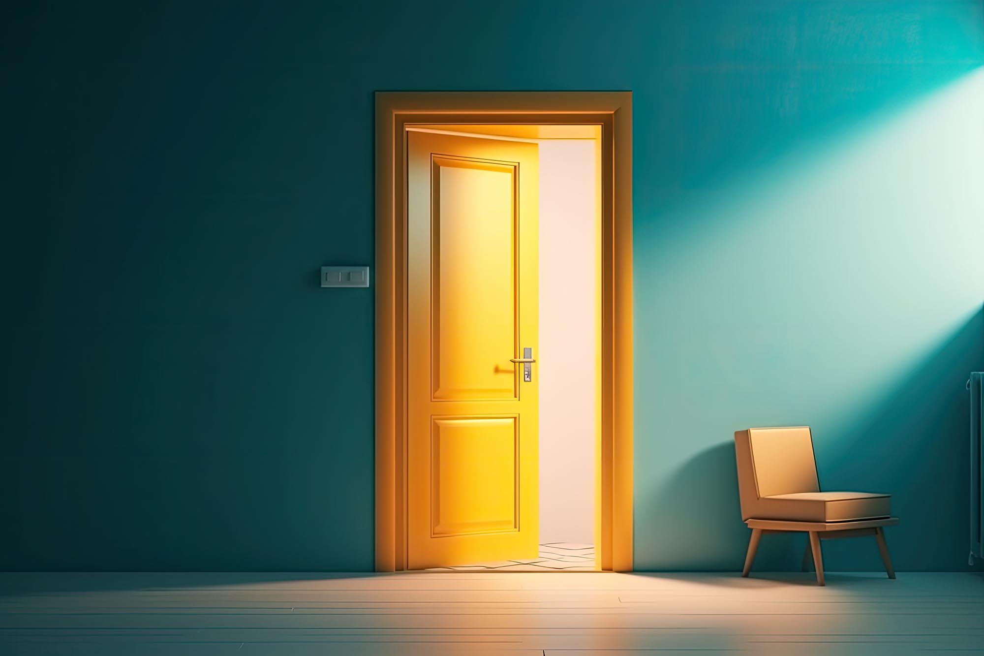 Slightly open yellow door in empty blue room with chair