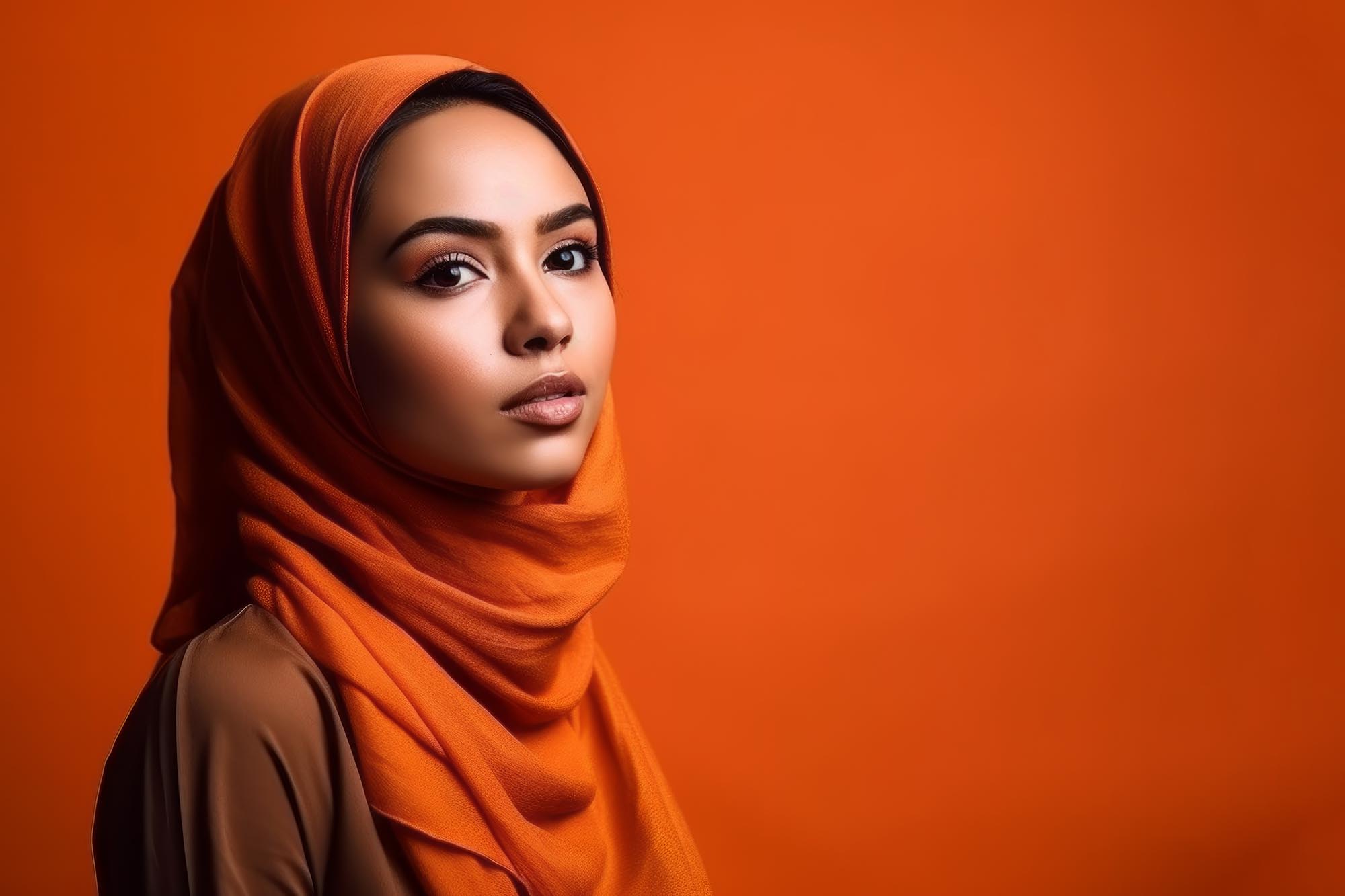 Portrait of woman wearing head covering on orange studio background