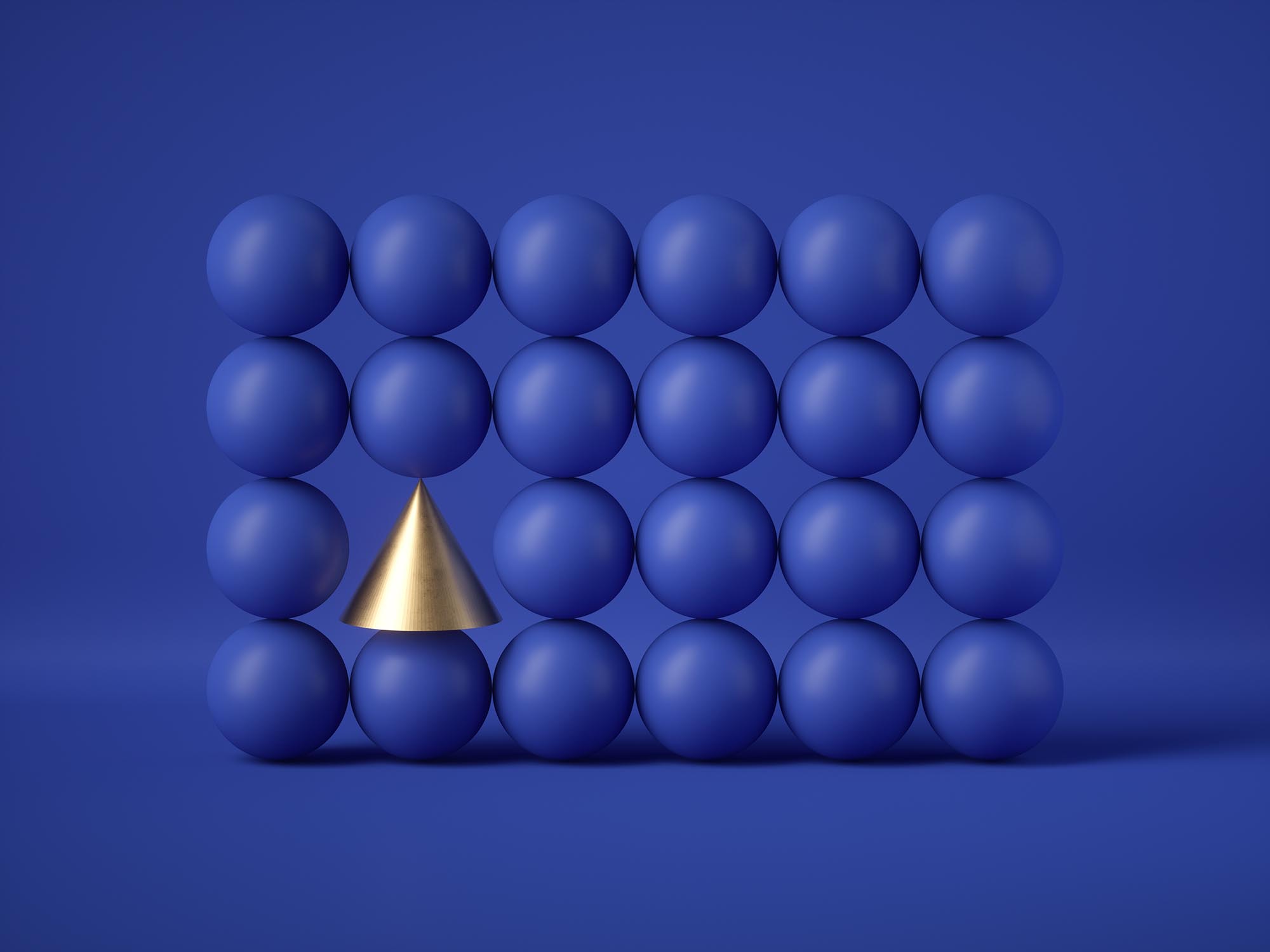abstract geometric design: gold cone amongst blue balls isolated on blue background