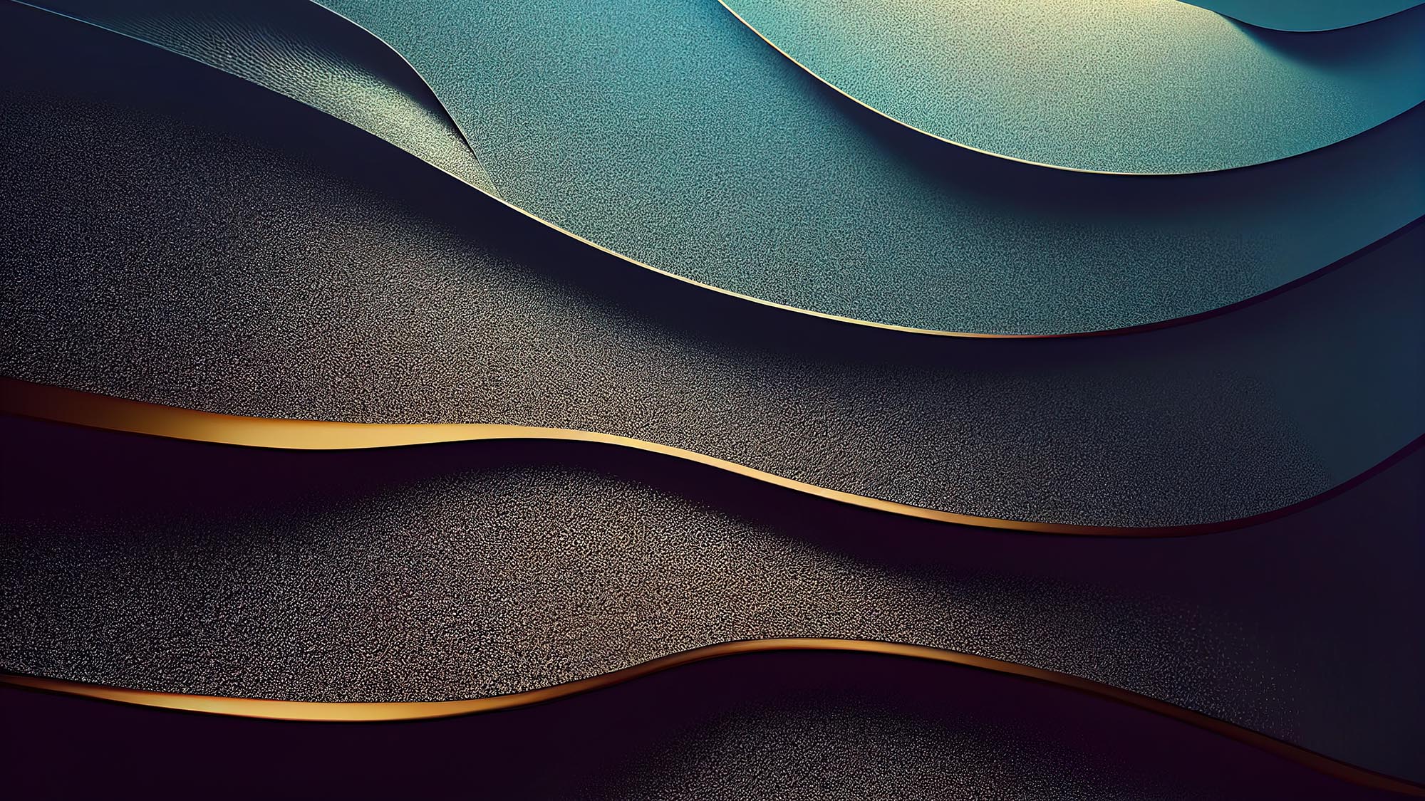 Abstract wavy blue wallpaper with golden lines. Waves background with curvy details.