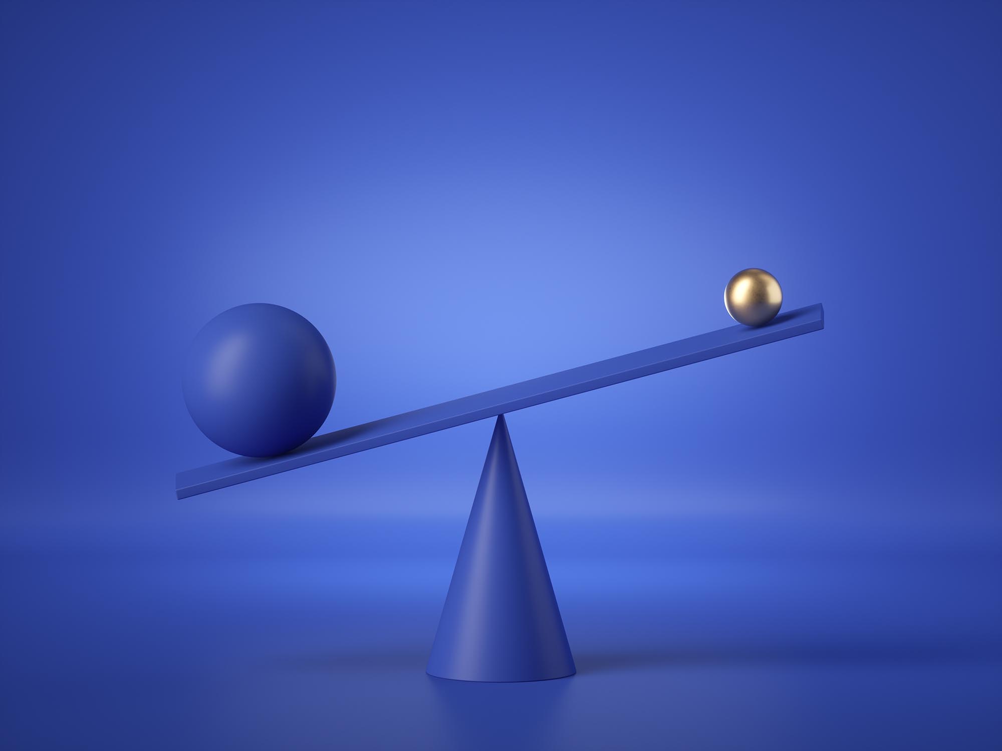 balancing blue and gold balls placed on weighing scales, abstract geometric primitive shapes isolated on blue background
