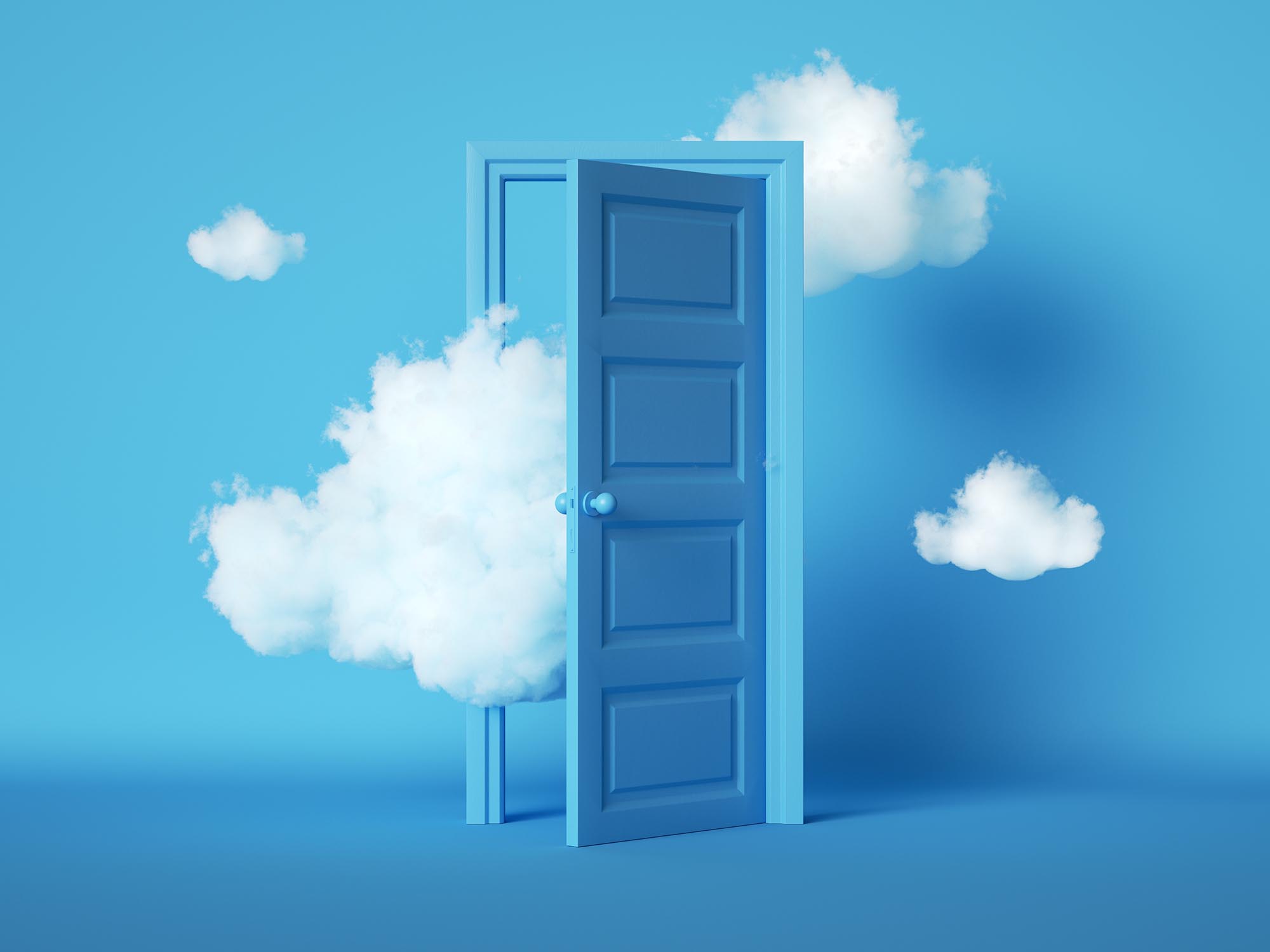 white fluffy clouds going through, flying out, open door, objects isolated on blue background