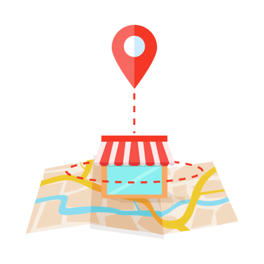 Location icon above storefront image to represent geotargeting