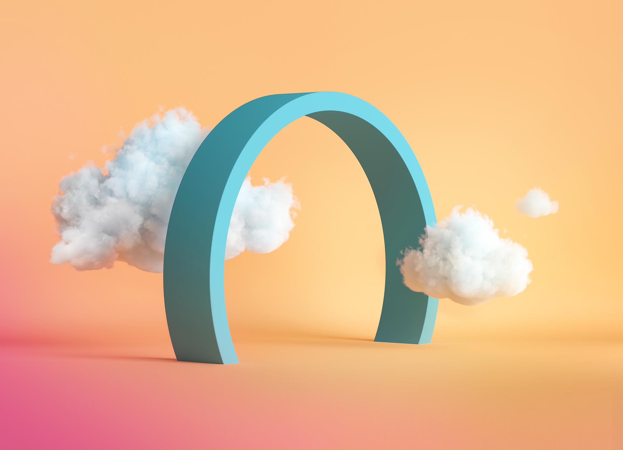 abstract peachy background with blue round arch and white clouds