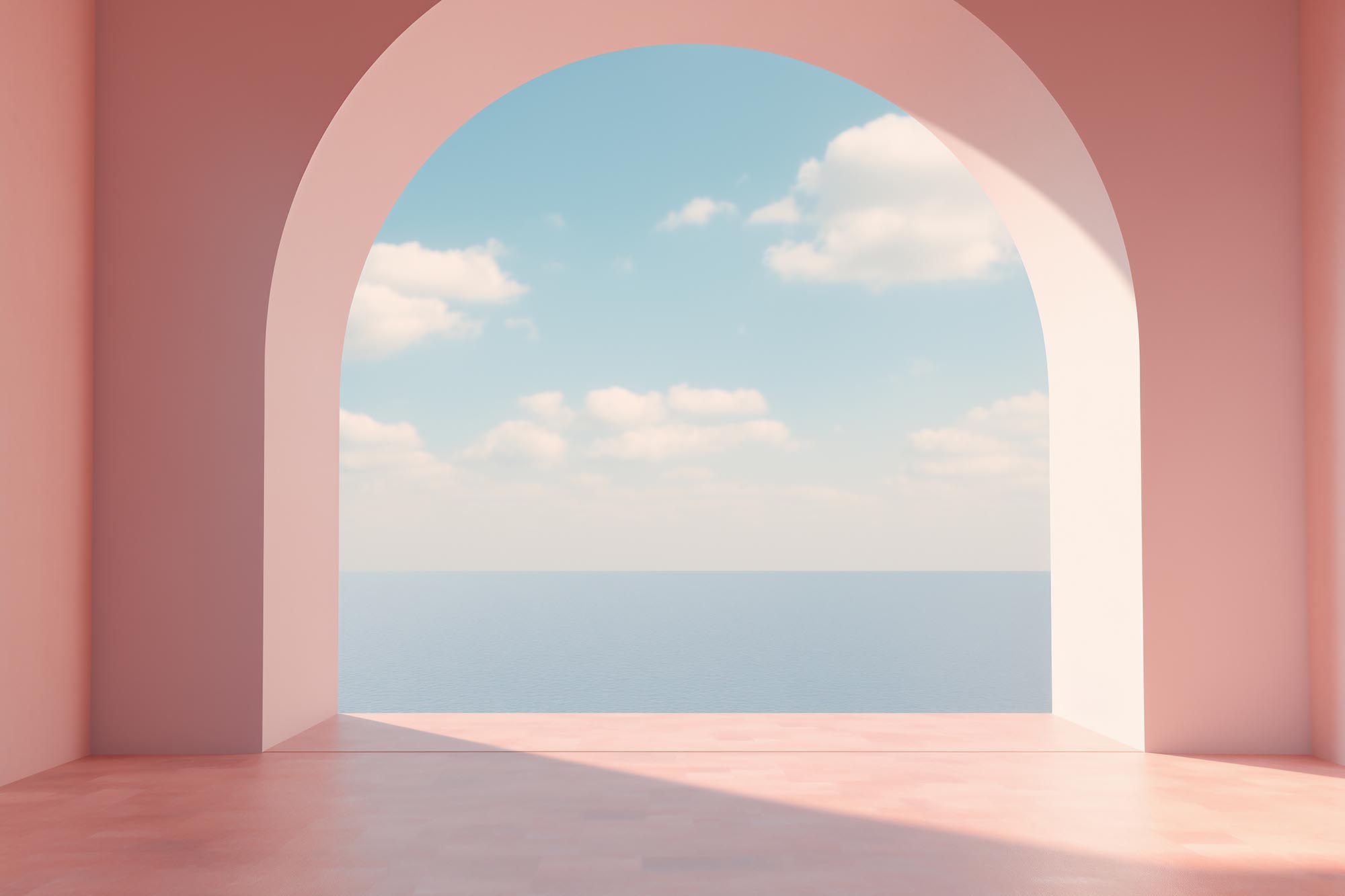 Empty pink room with arch and pillars - calming ocean view