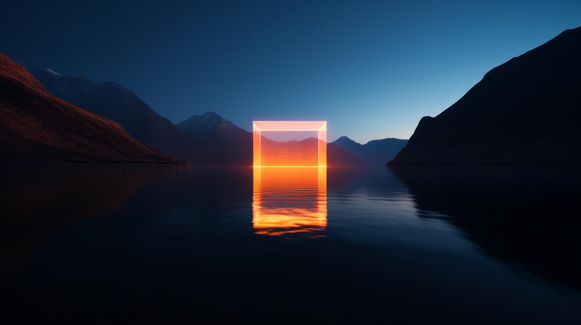 Neon square hovering over the middle of a lake with mountain in the back in a minimalistic setting