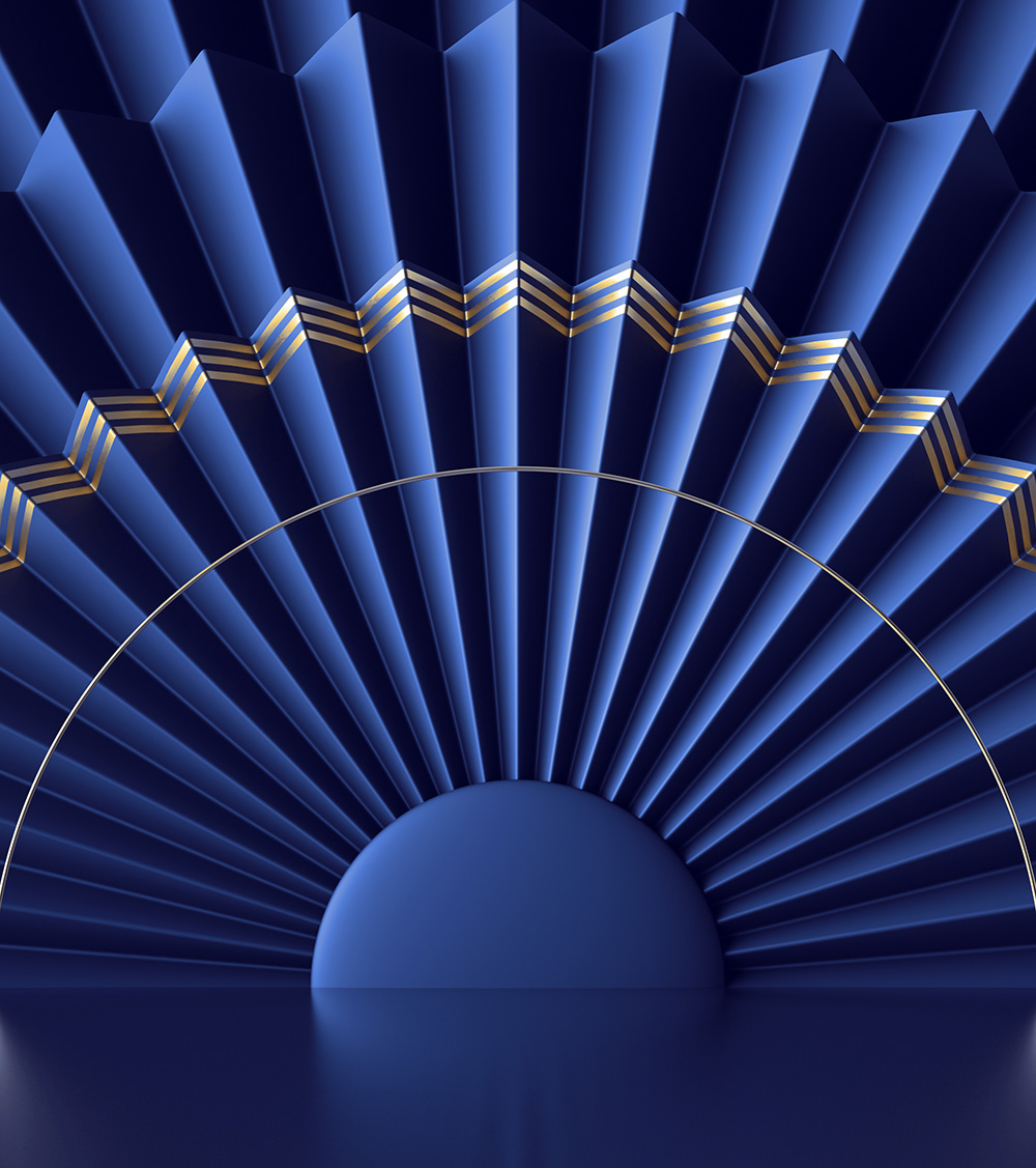 abstract art deco blue background with folded fan and golden lines cropped