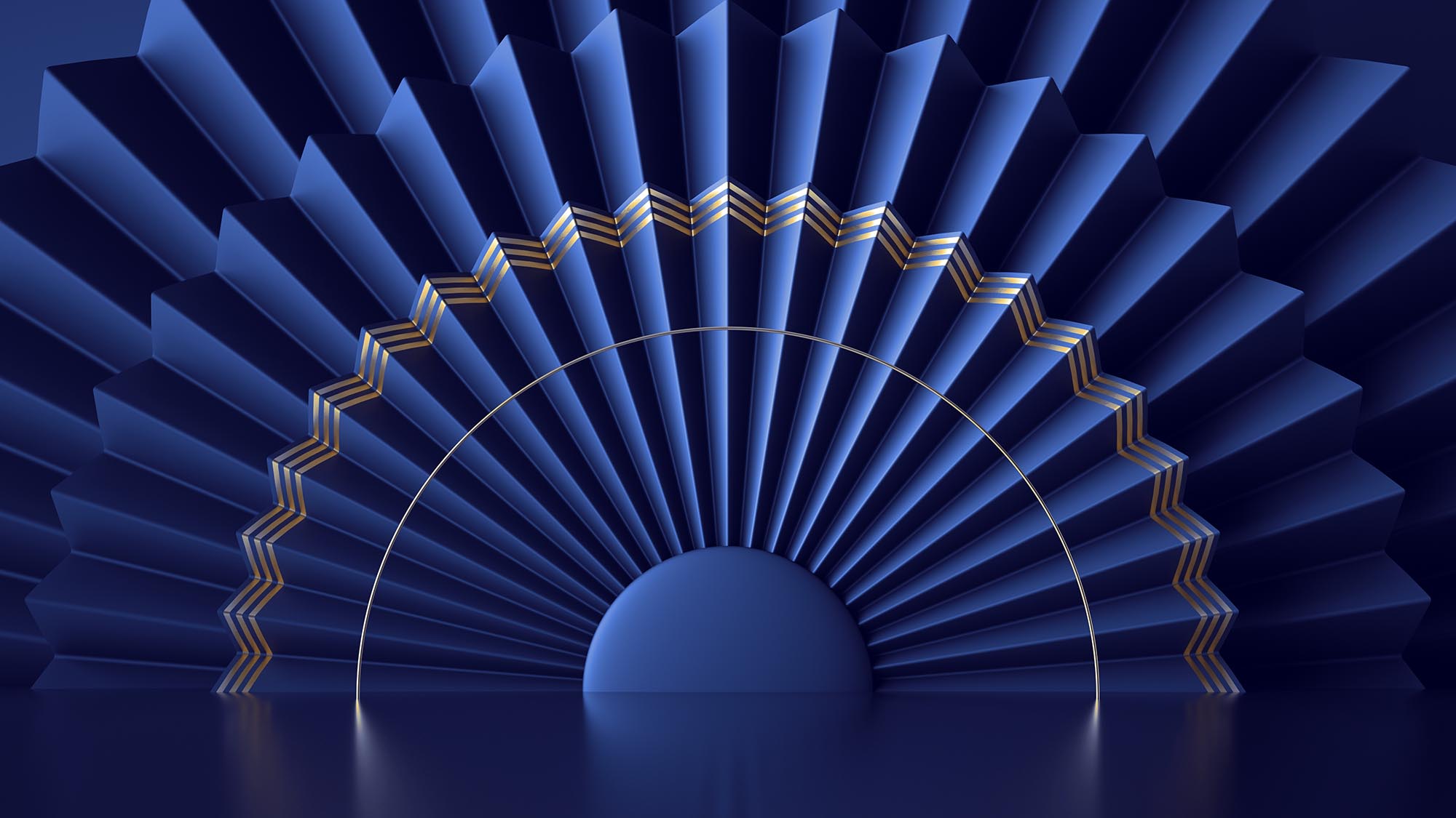abstract art deco blue background with folded fan and golden lines