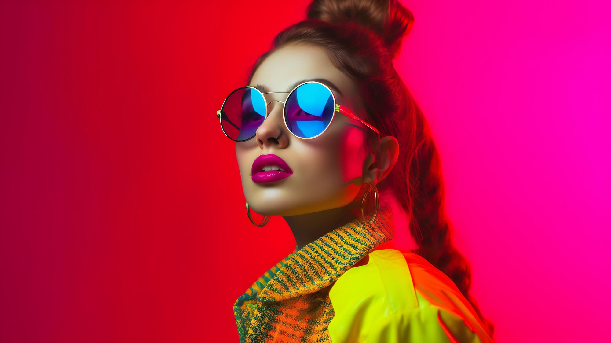 fashionable woman with colorful background and yellow jacket and blue round glasses