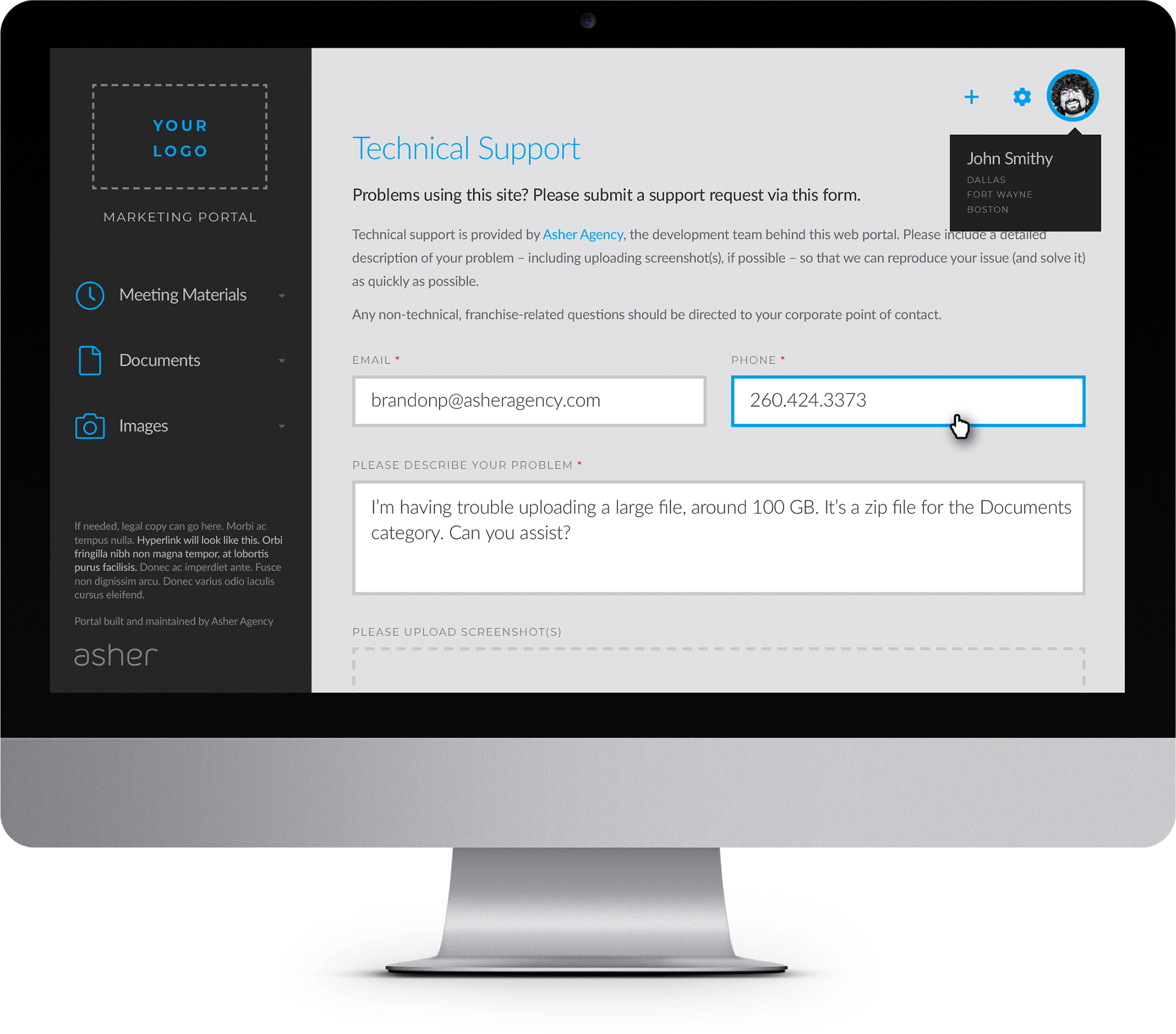 Portal support form on desktop