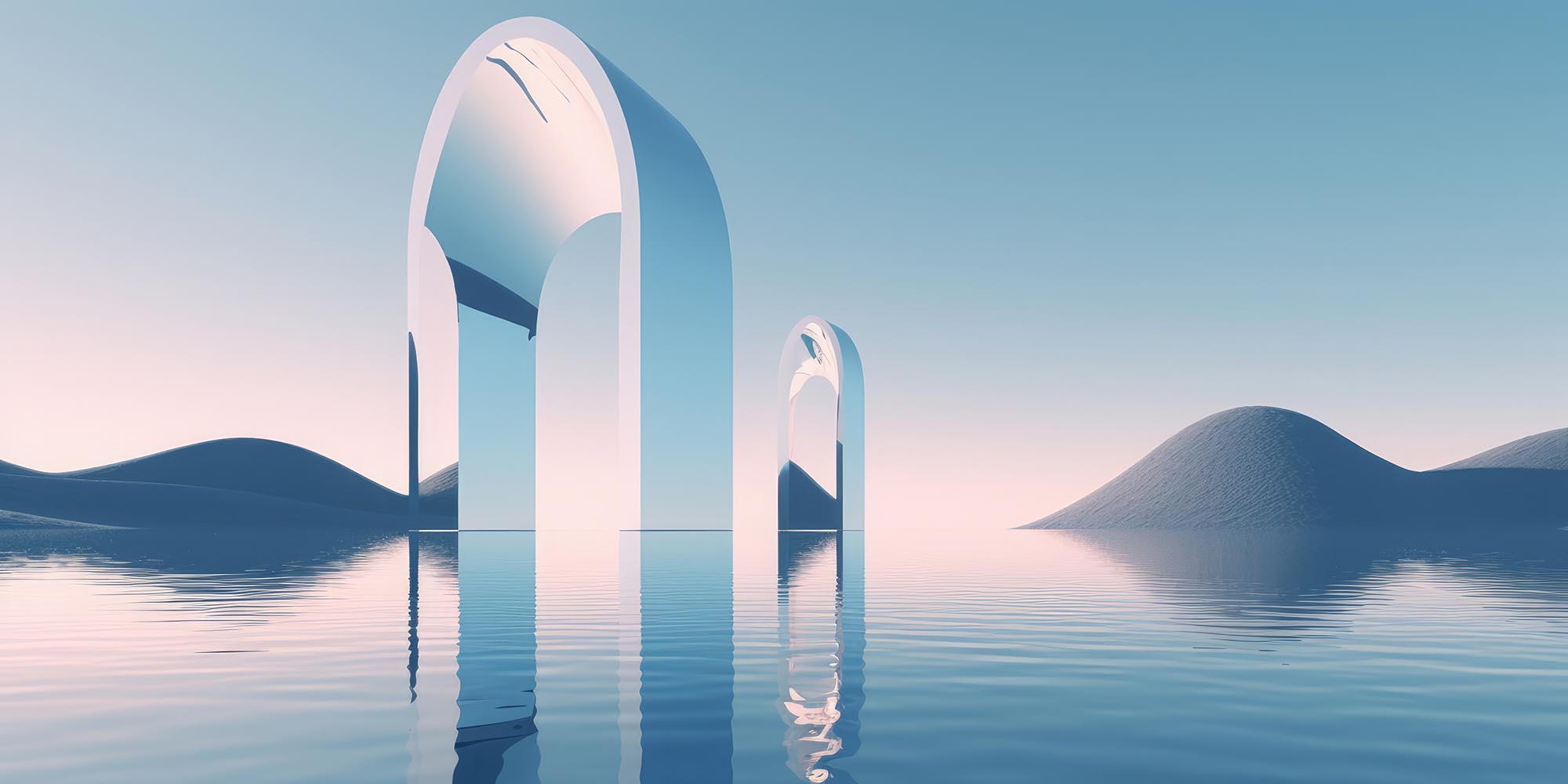 northern futuristic landscape, fantastic scenery with calm water, simple geometric mirror arches and pastel blue gradient sky