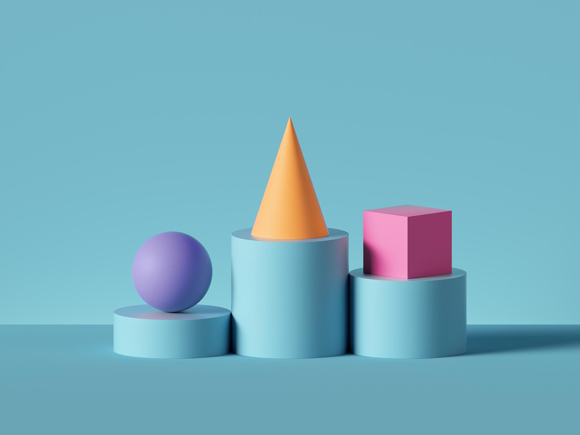 Violet ball, yellow cone, pink cube placed on blue cylinder pedestal steps