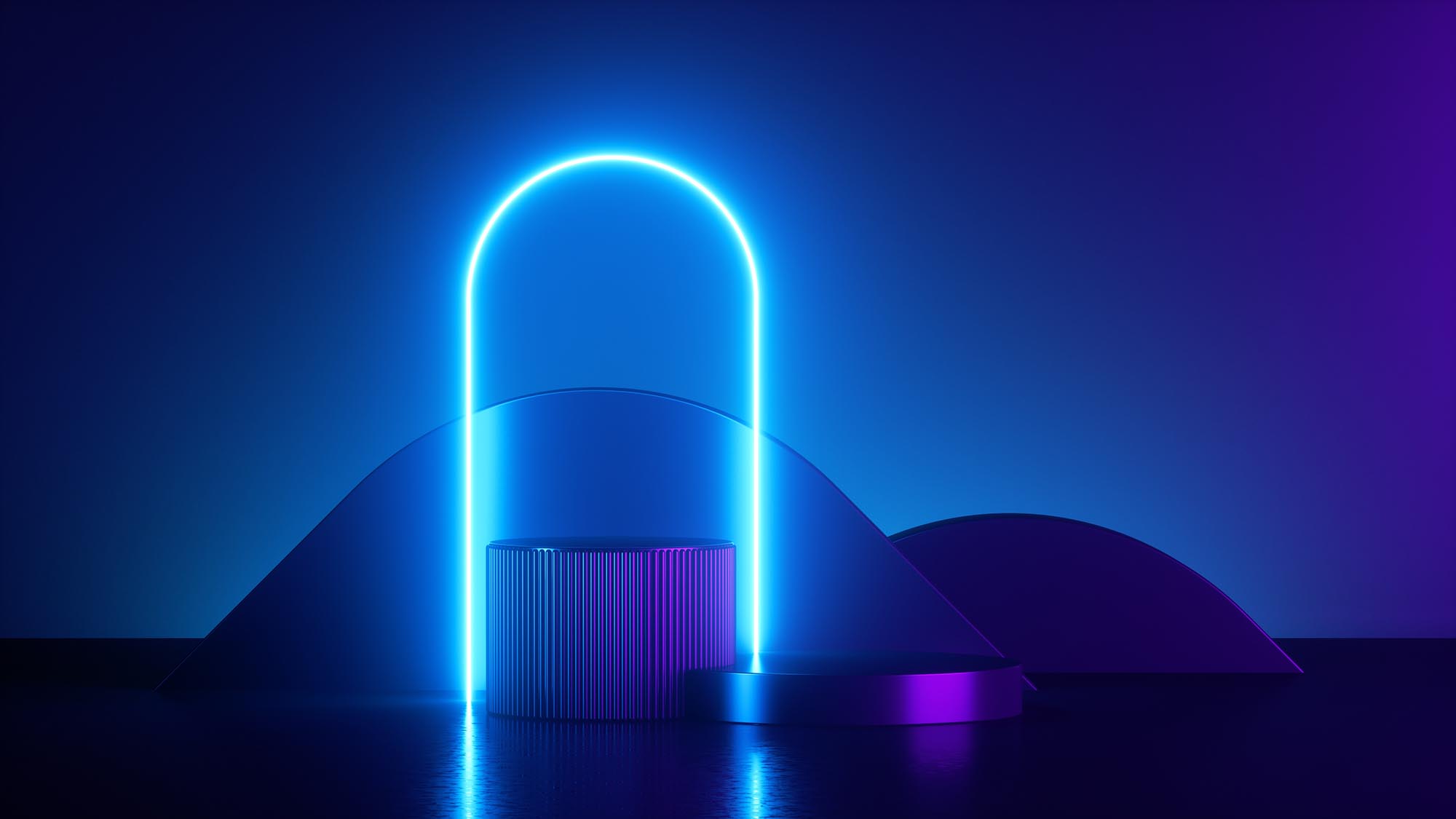 abstract trendy neon background, Round glowing arch over cylinder podium