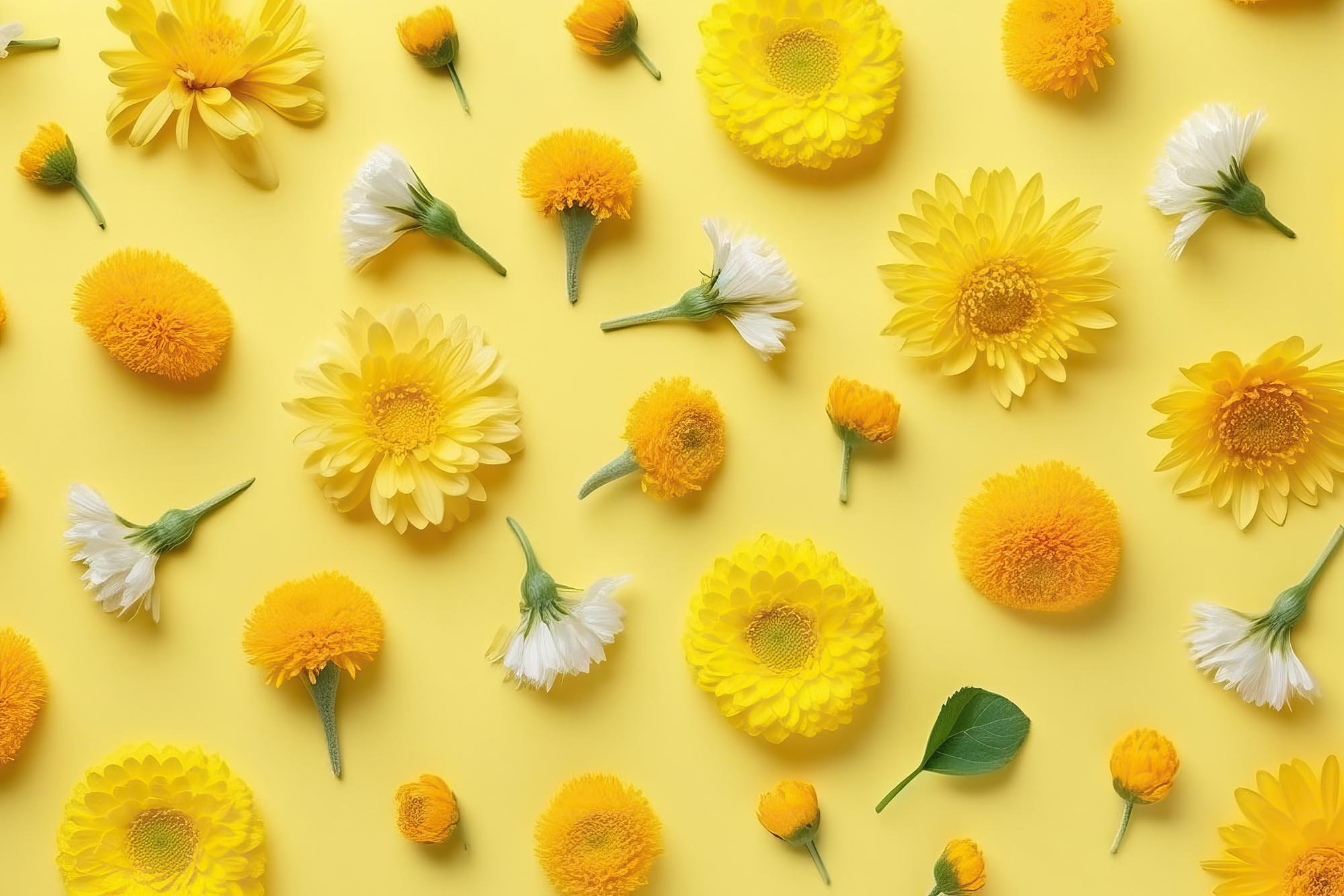 Pattern made of yellow flowers background, flat lay