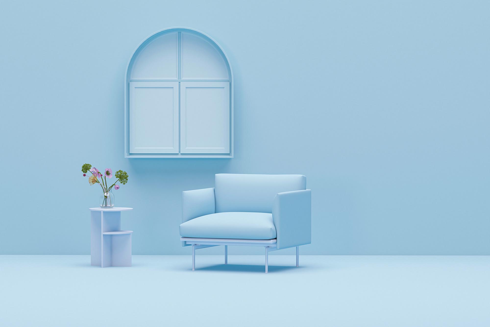 pastel blue studio with window, flower vase and armchair