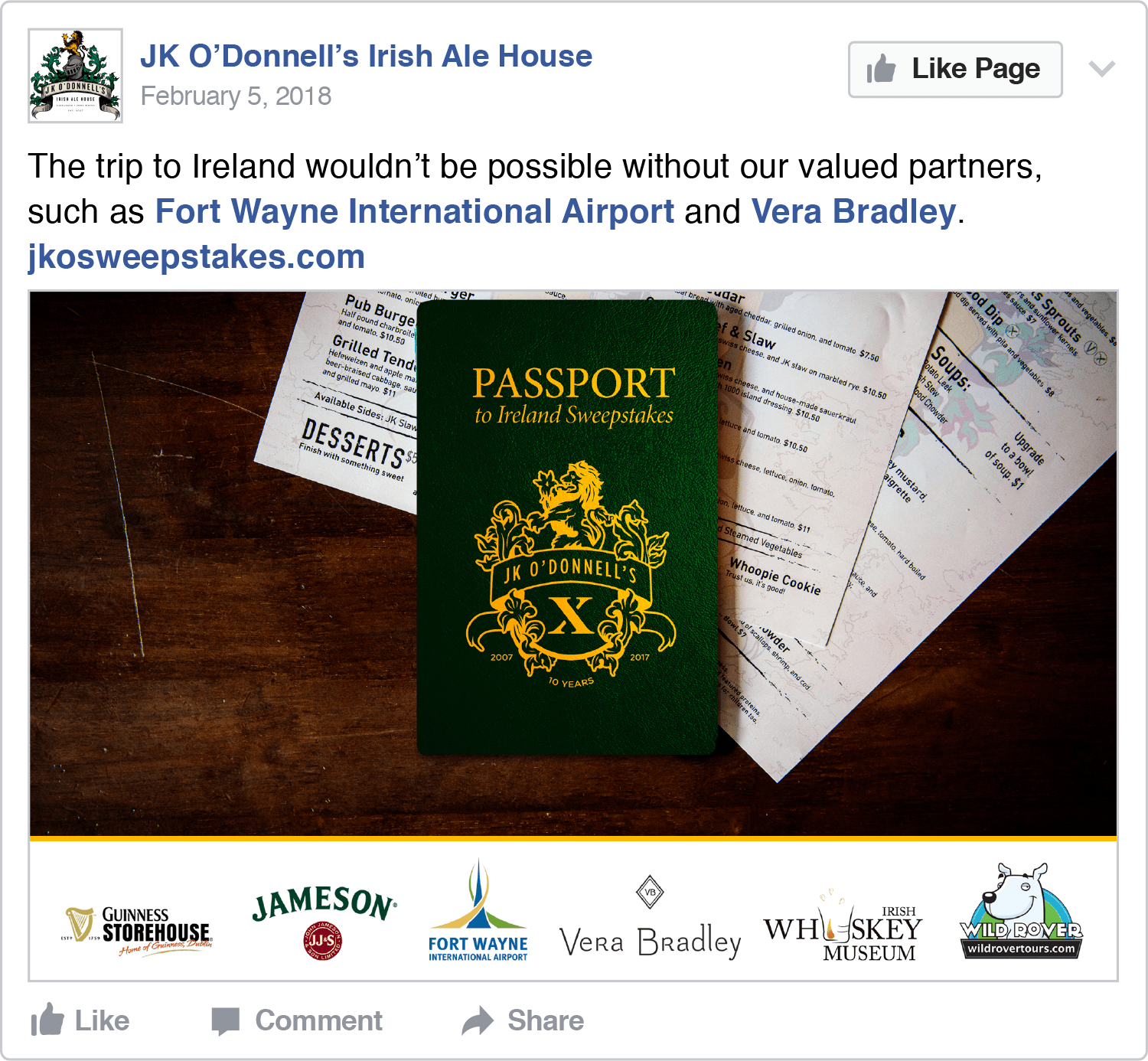 JK O'Donnell's, Passport to Ireland Sweepstakes Facebook Boosted Post