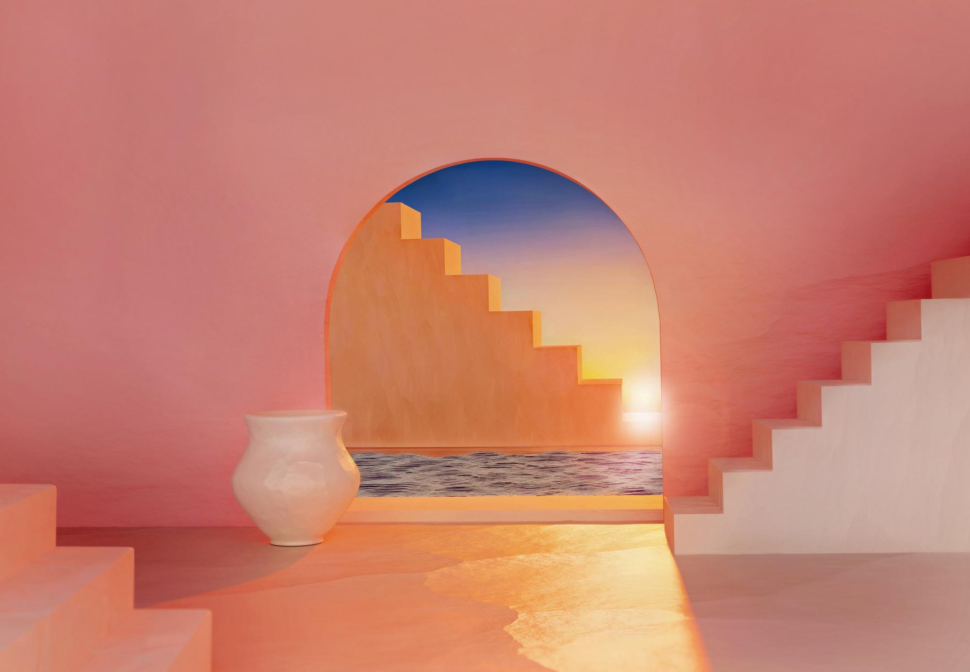 summer scene, arch with white stairs and swimming pool. Pink pastel walls over sunset sky with sun light