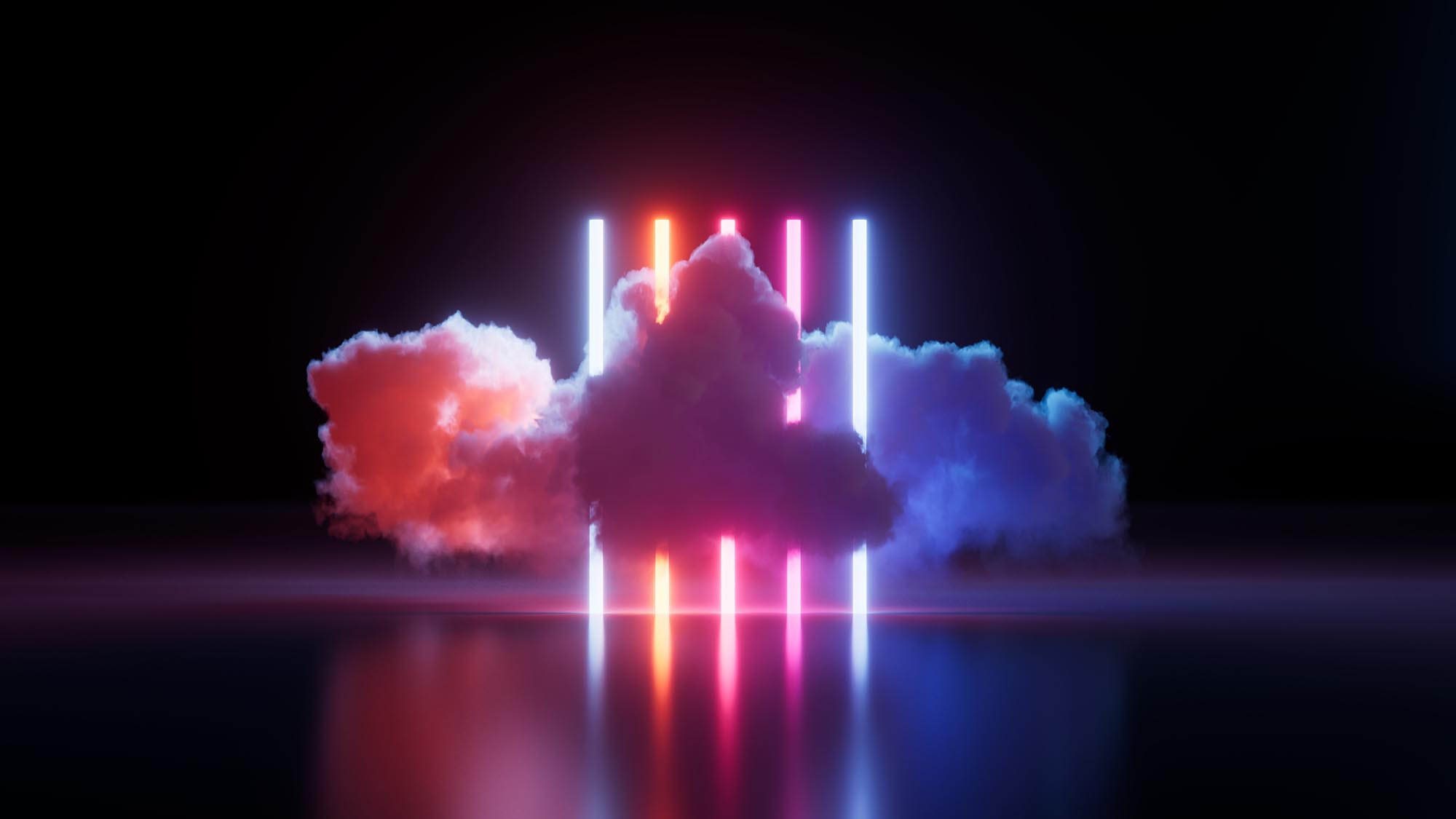 Neon vertical lines and glowing colorful clouds