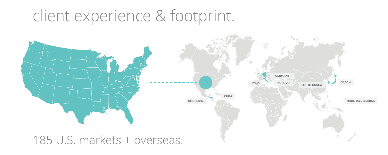 Map of Asher client experience and footprint spanning 185 U.S. markets and overseas.