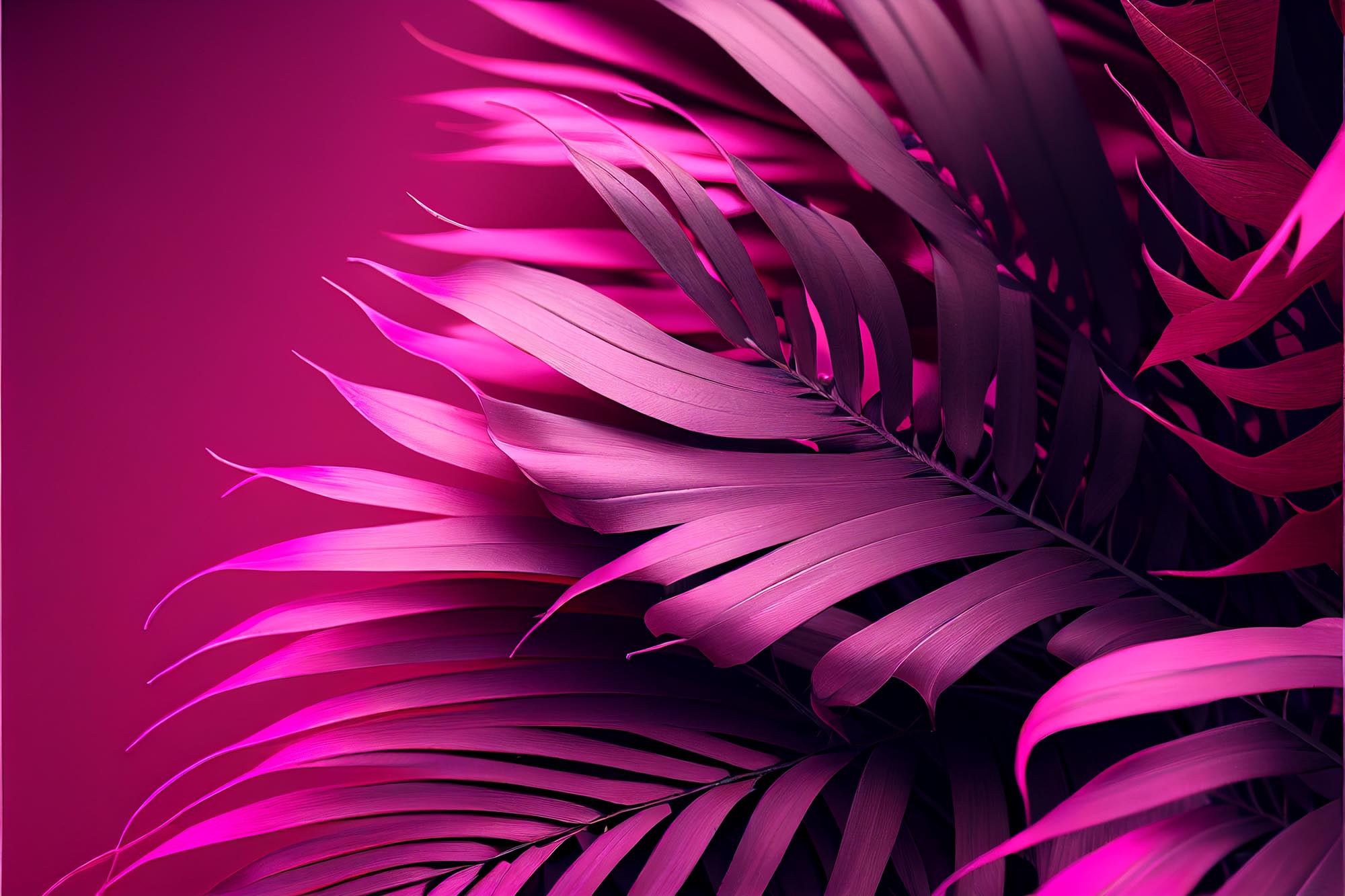 magenta tropical palm leaves on pink background