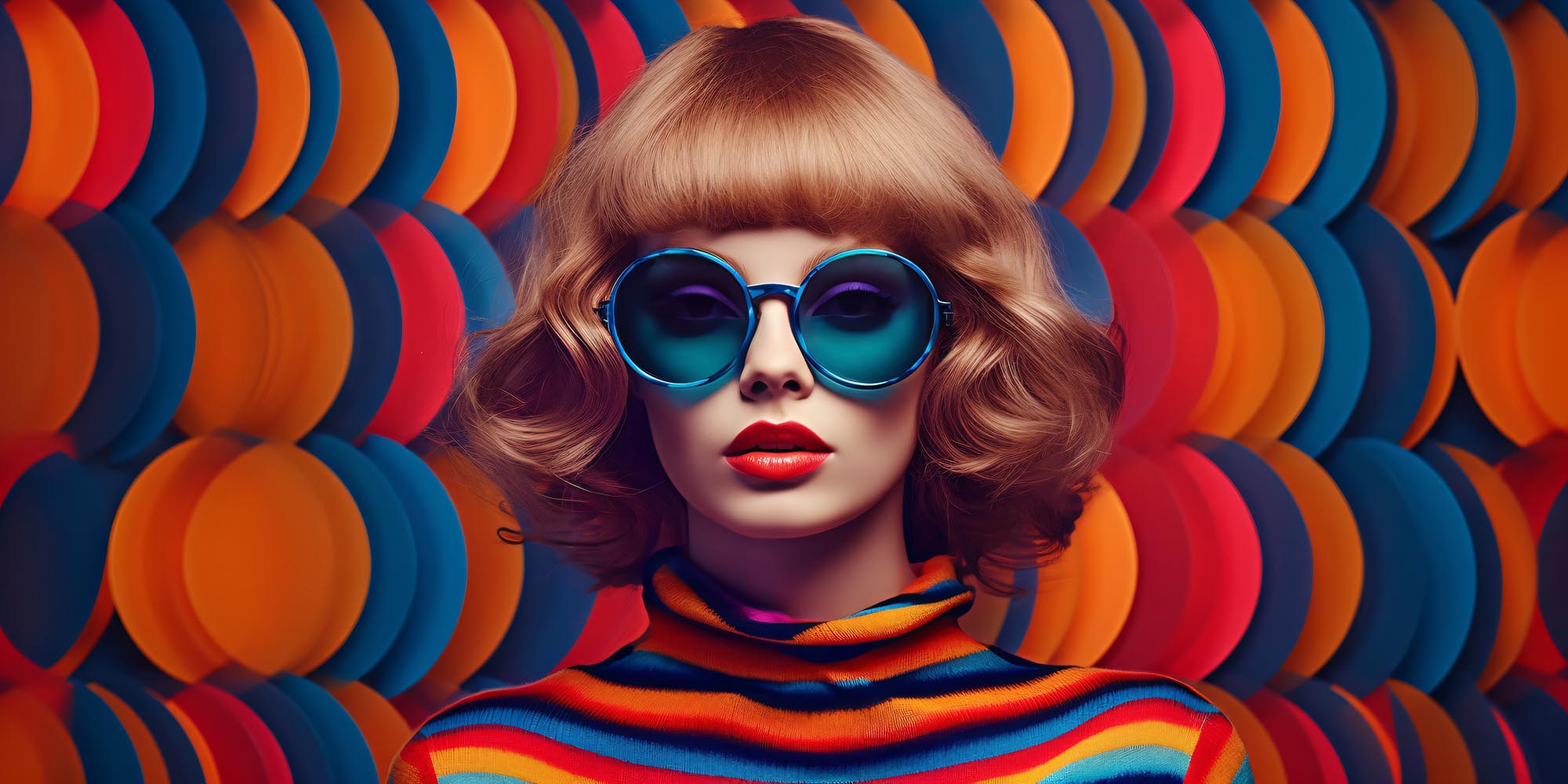 high fashion woman with round blue sunglasses in front of a multicolored abstract background